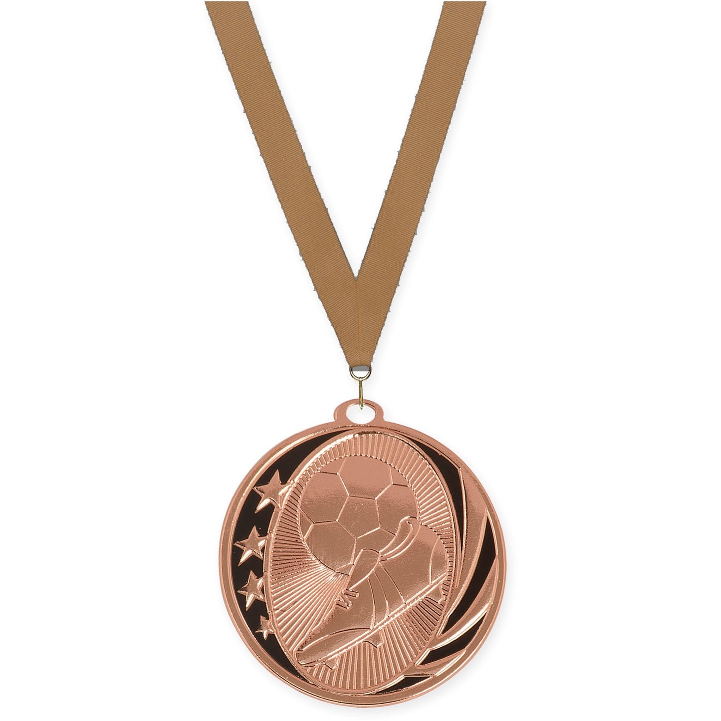2 inch soccer MidNite Star medal in bright bronze with Bronze Metallic neck ribbon