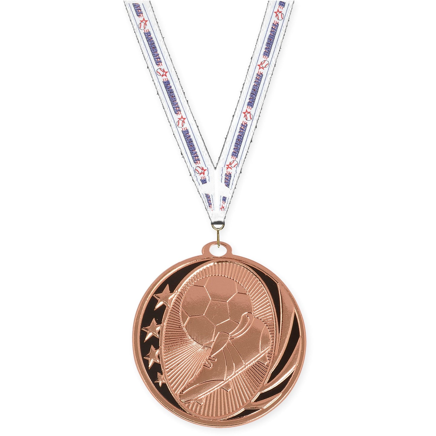 2 inch soccer MidNite Star medal in bright bronze with Baseball neck ribbon