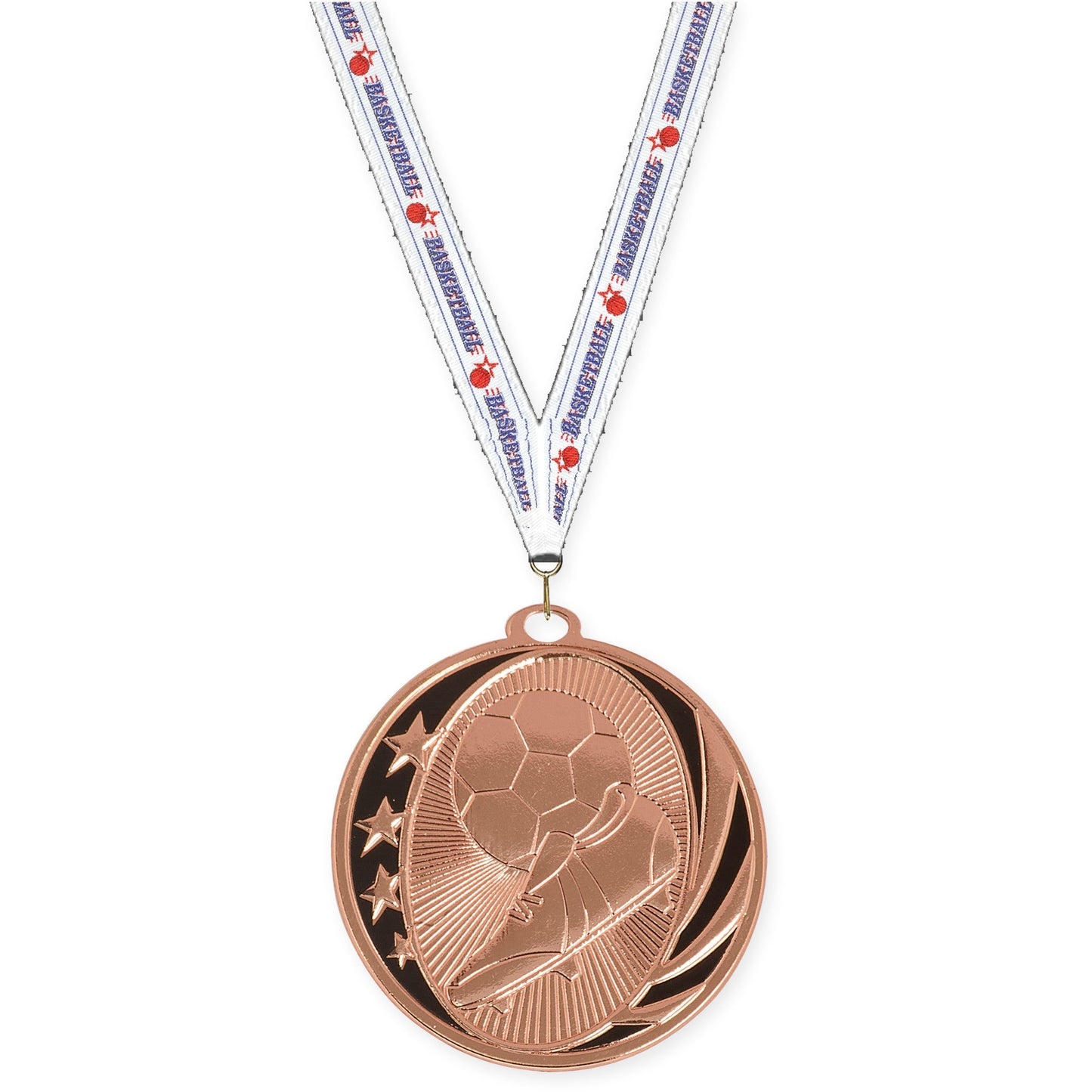2 inch soccer MidNite Star medal in bright bronze with Basketball neck ribbon