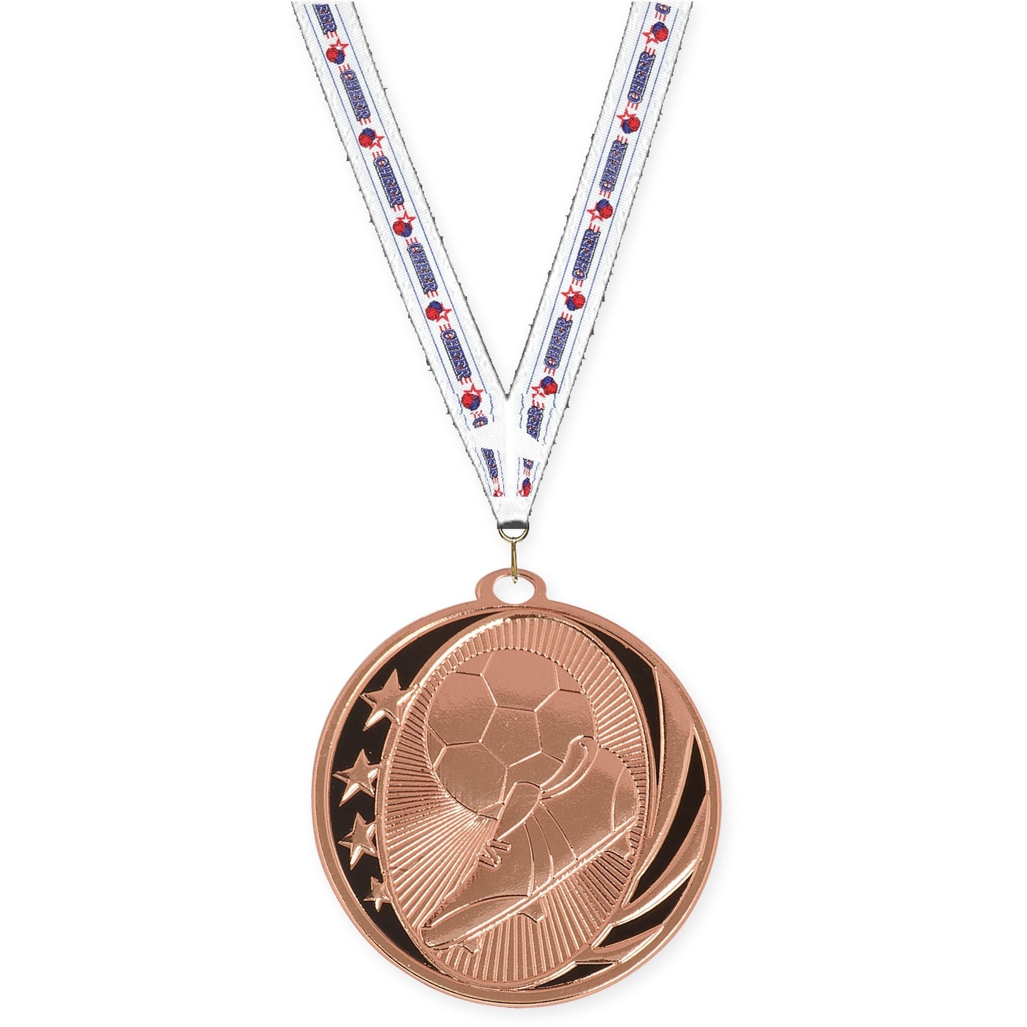 2 inch soccer MidNite Star medal in bright bronze with Cheerleading neck ribbon