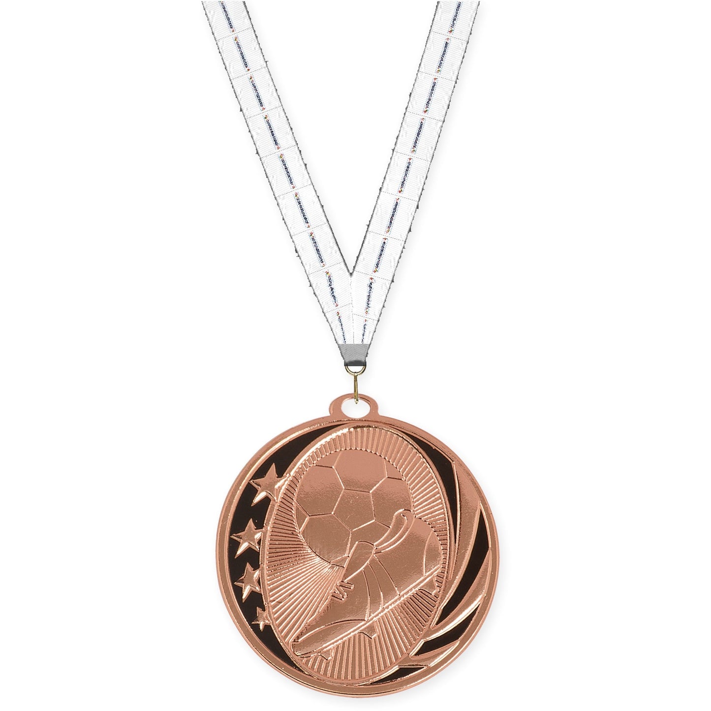 2 inch soccer MidNite Star medal in bright bronze with Lamp Of Knowledge neck ribbon