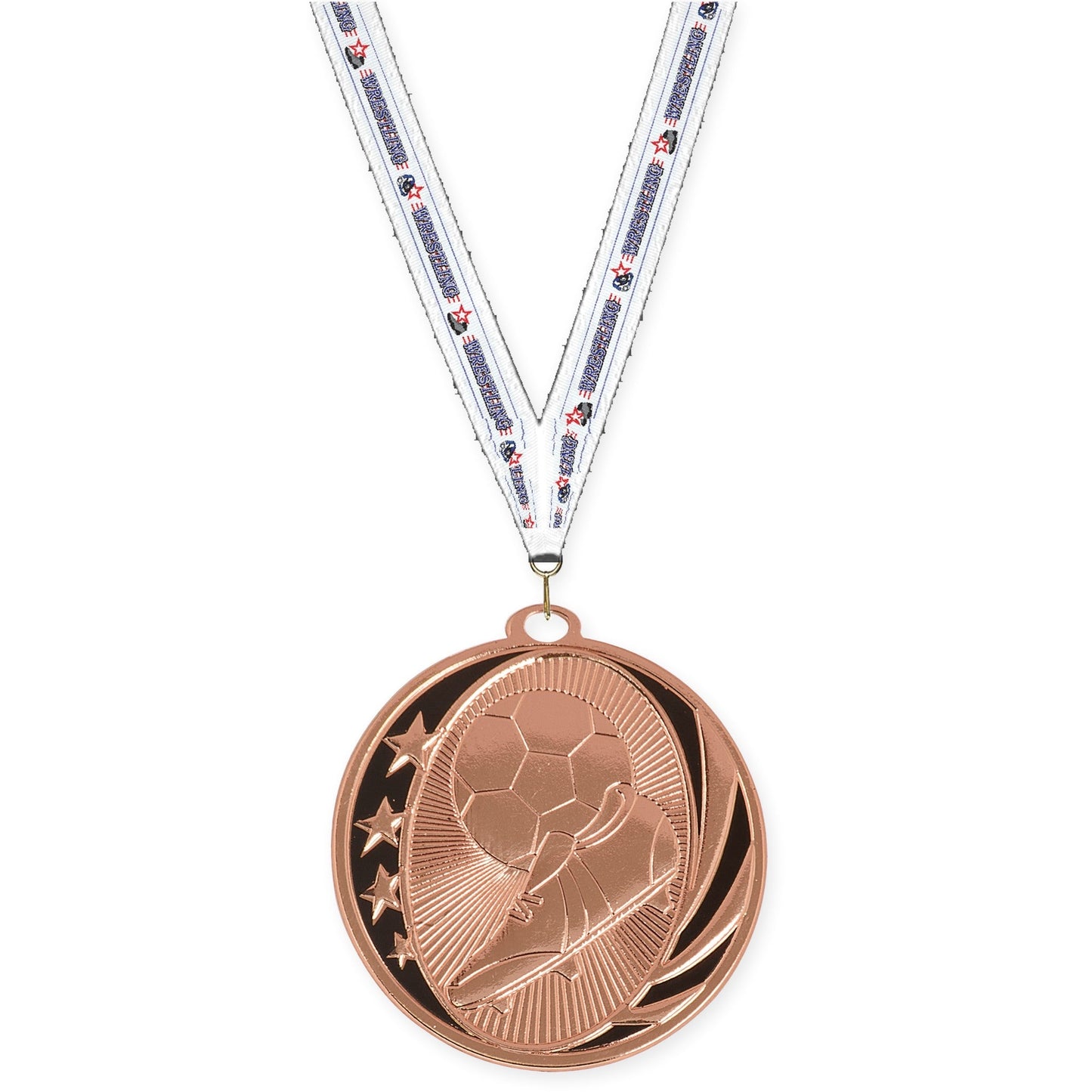 2 inch soccer MidNite Star medal in bright bronze with Wrestling neck ribbon