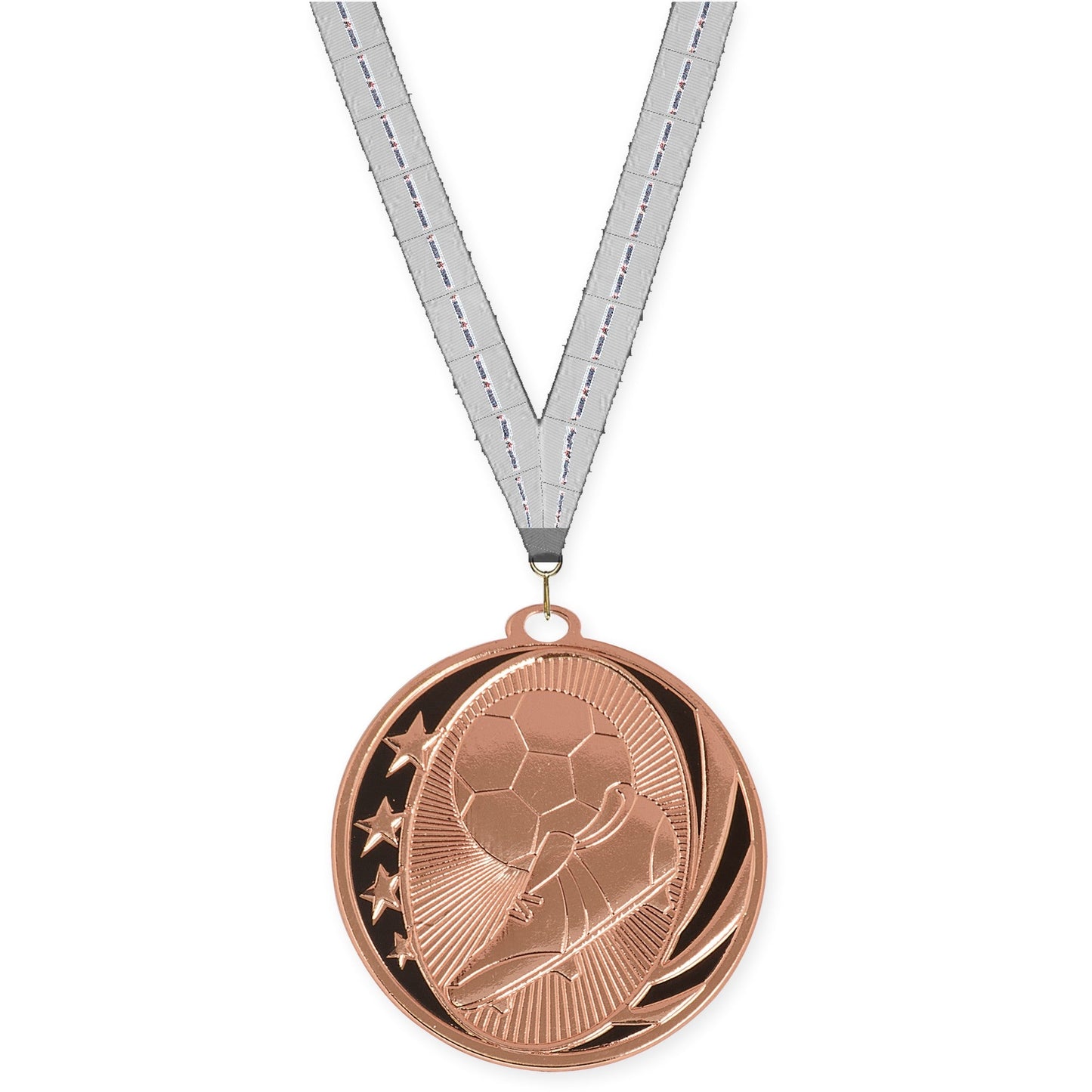 2 inch soccer MidNite Star medal in bright bronze with Auto Racing neck ribbon