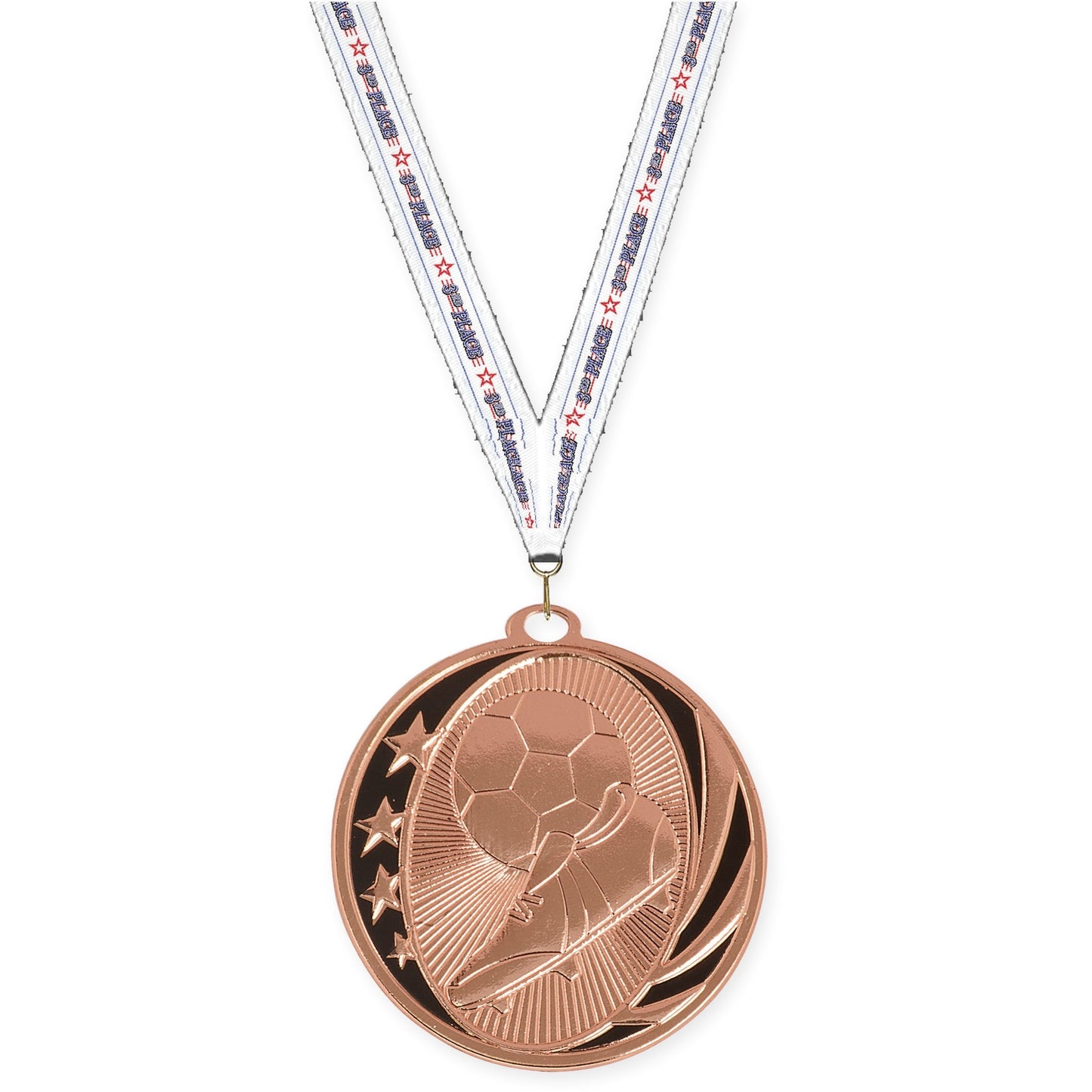2 inch soccer MidNite Star medal in bright bronze with 3rd Place neck ribbon