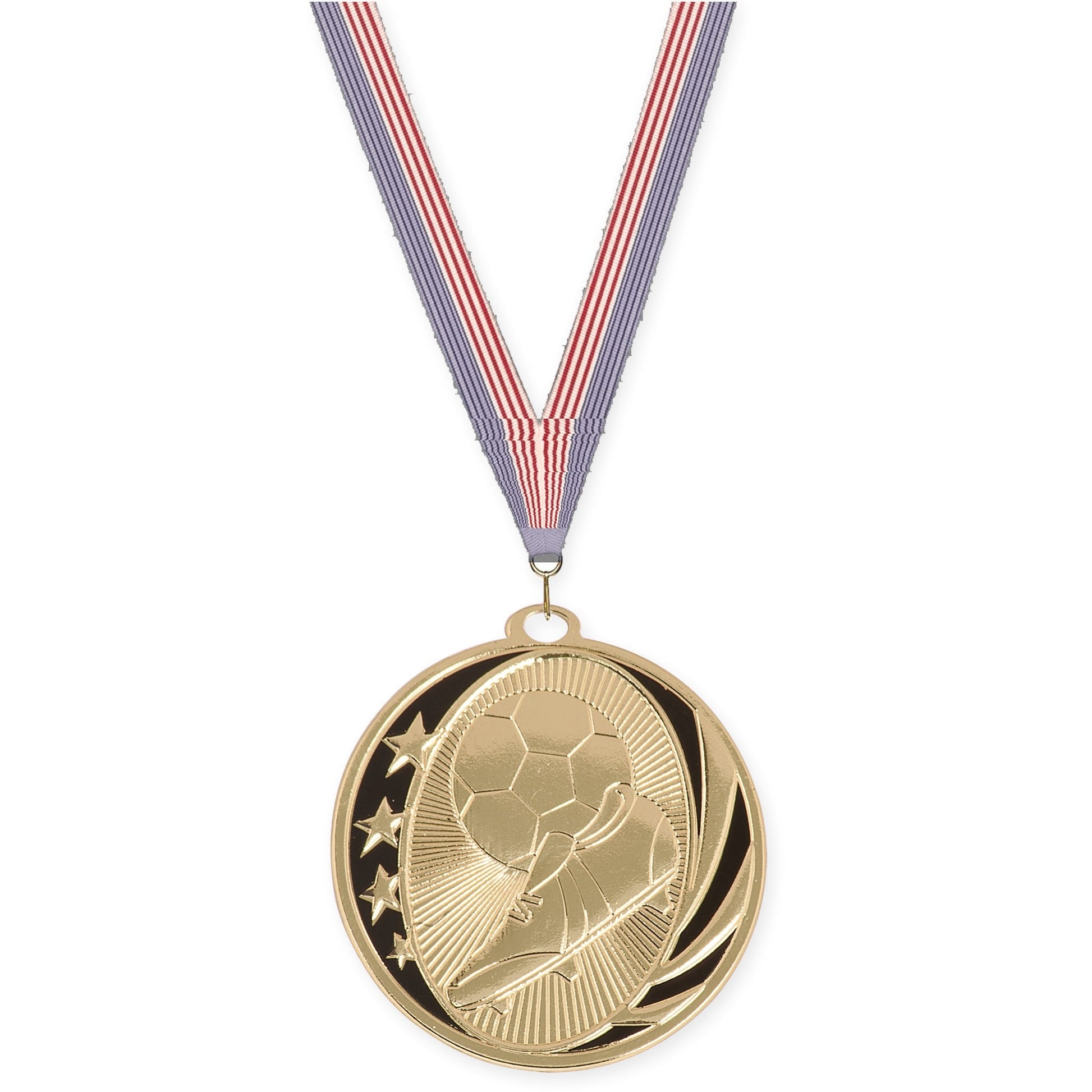 2 inch soccer MidNite Star medal in bright gold with USA Flag neck ribbon