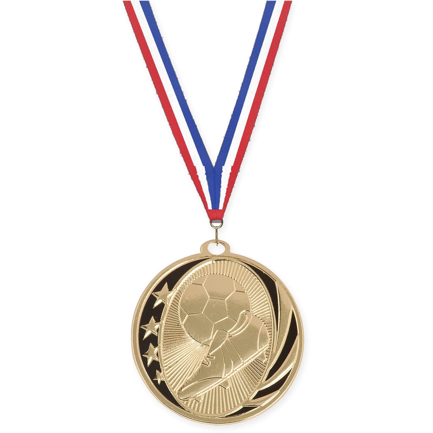 2 inch soccer MidNite Star medal in bright gold with Red White Blue neck ribbon