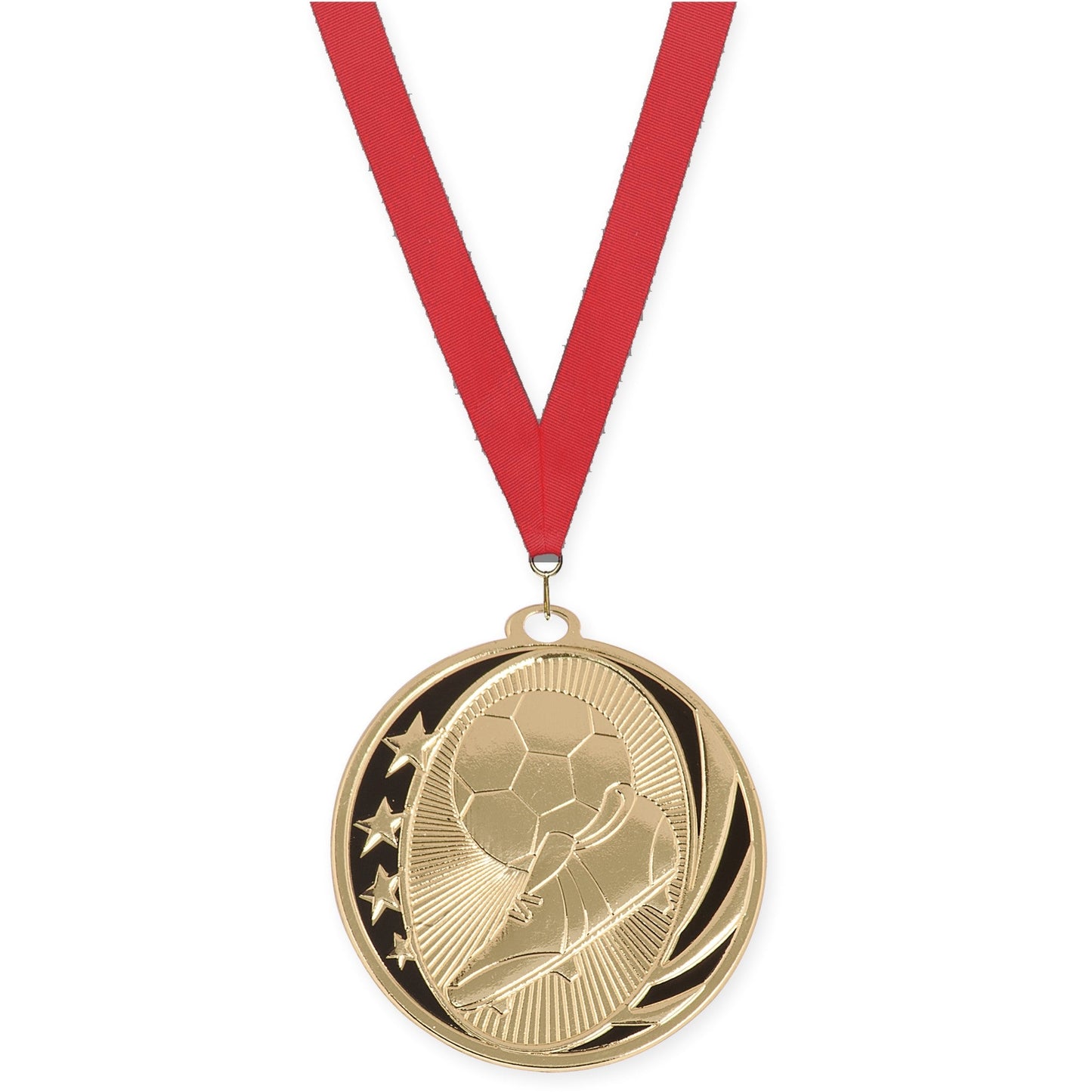 2 inch soccer MidNite Star medal in bright gold with Red neck ribbon