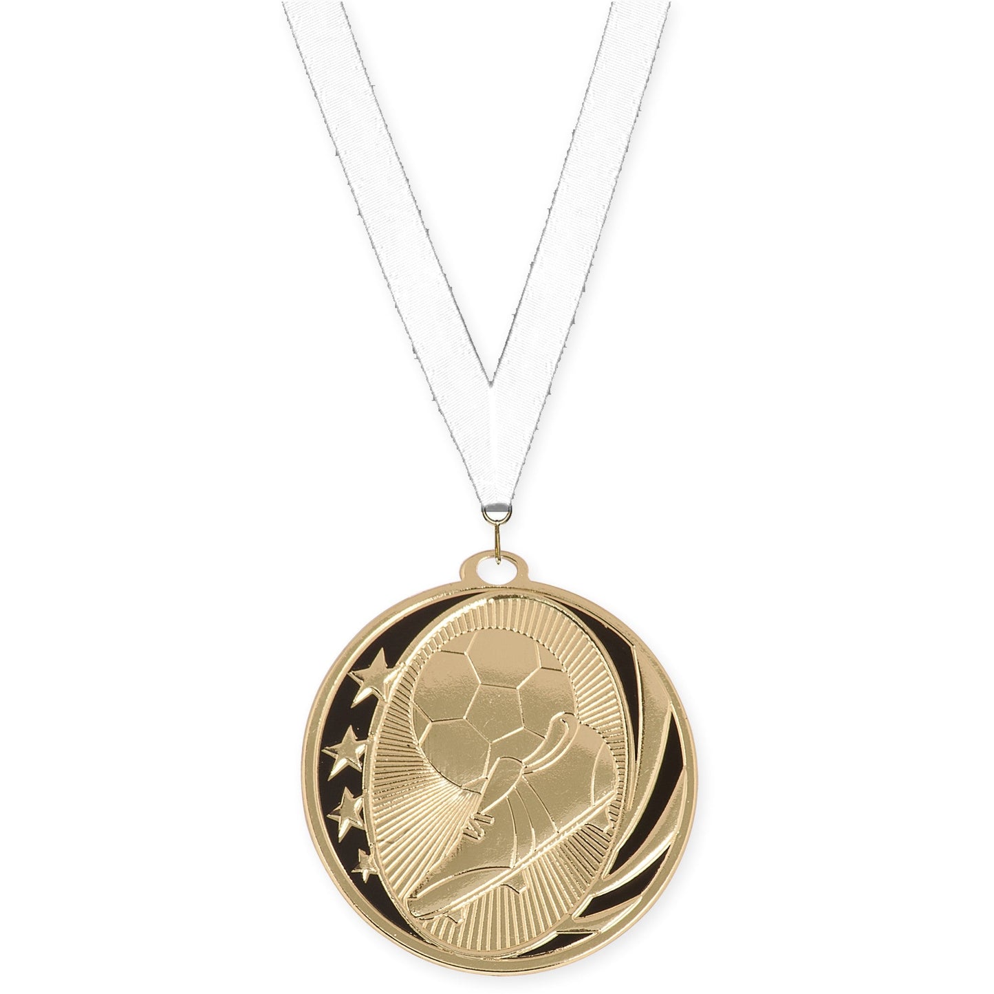 2 inch soccer MidNite Star medal in bright gold with White neck ribbon