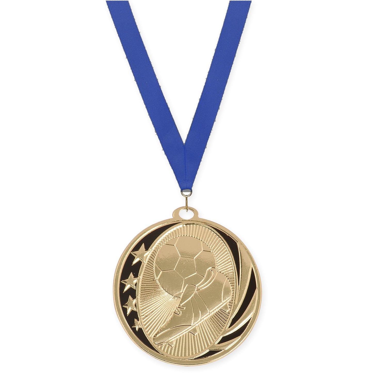 2 inch soccer MidNite Star medal in bright gold with Blue neck ribbon