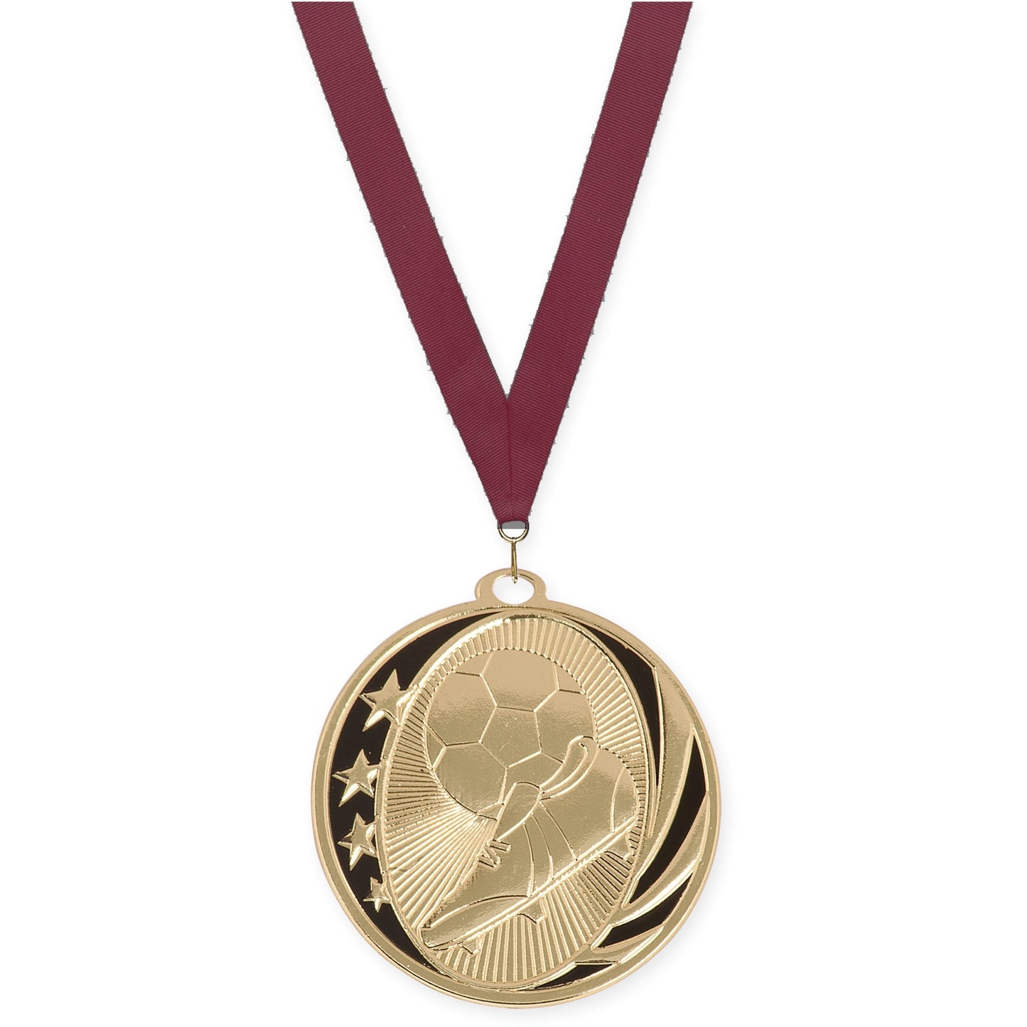 2 inch soccer MidNite Star medal in bright gold with Maroon neck ribbon