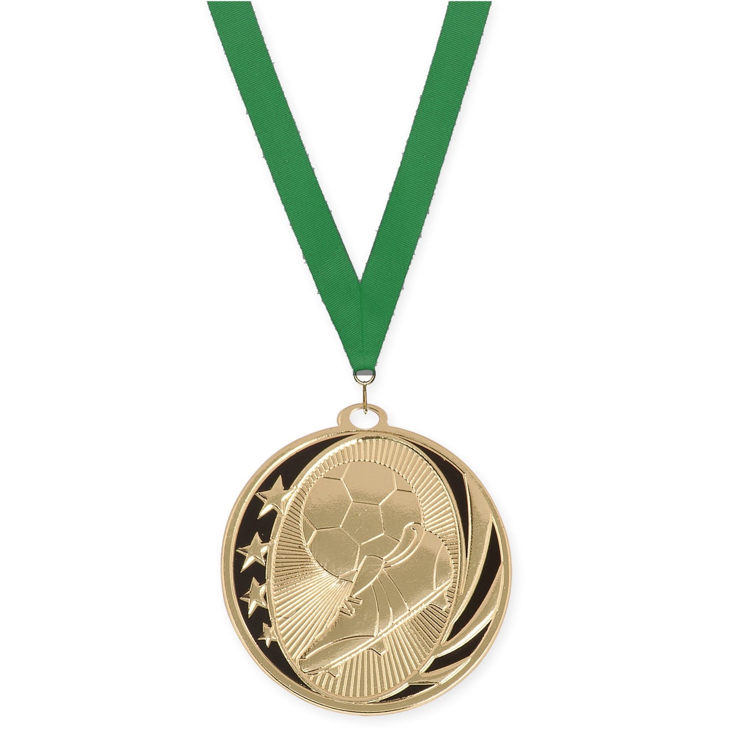 2 inch soccer MidNite Star medal in bright gold with Green neck ribbon