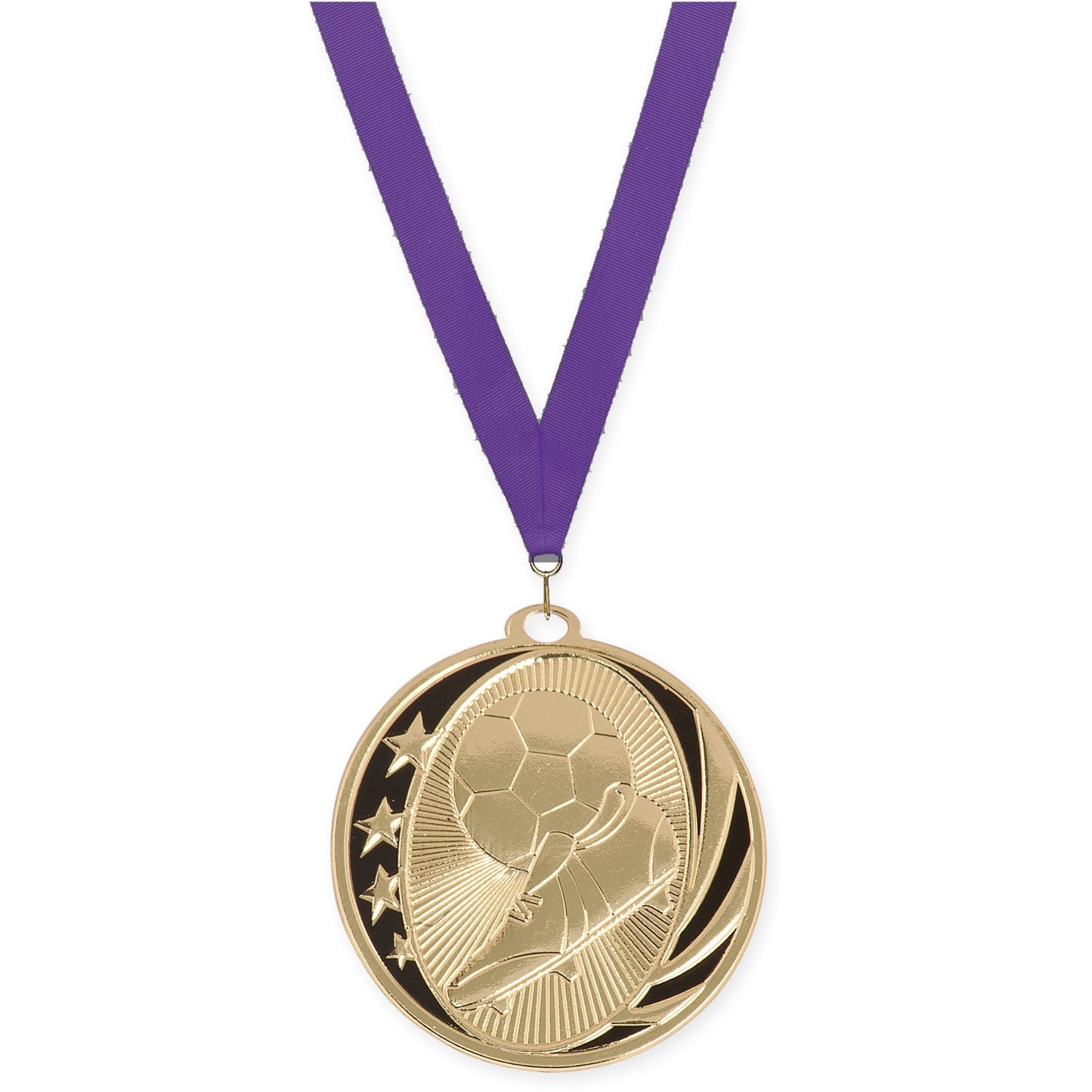 2 inch soccer MidNite Star medal in bright gold with Purple neck ribbon