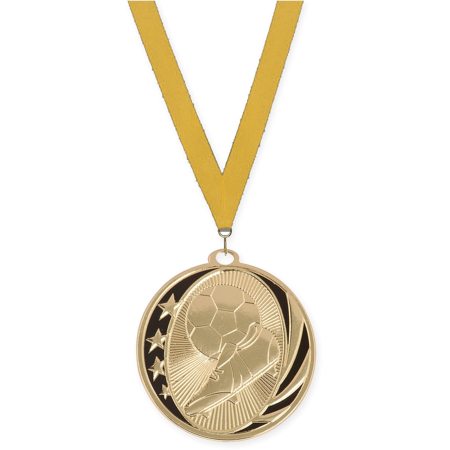 2 inch soccer MidNite Star medal in bright gold with Gold neck ribbon