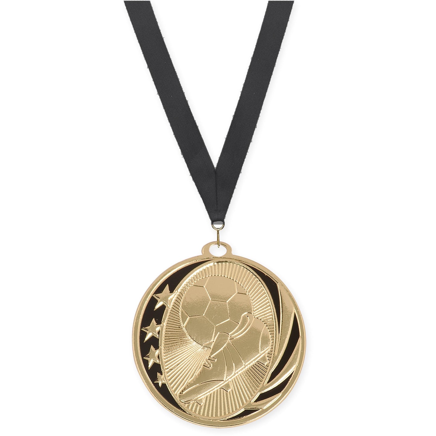 2 inch soccer MidNite Star medal in bright gold with Black neck ribbon