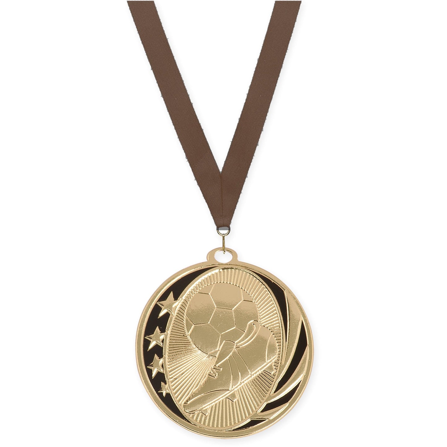 2 inch soccer MidNite Star medal in bright gold with Brown neck ribbon