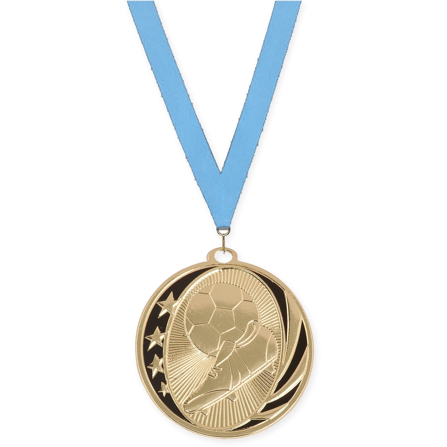 2 inch soccer MidNite Star medal in bright gold with Light Blue neck ribbon