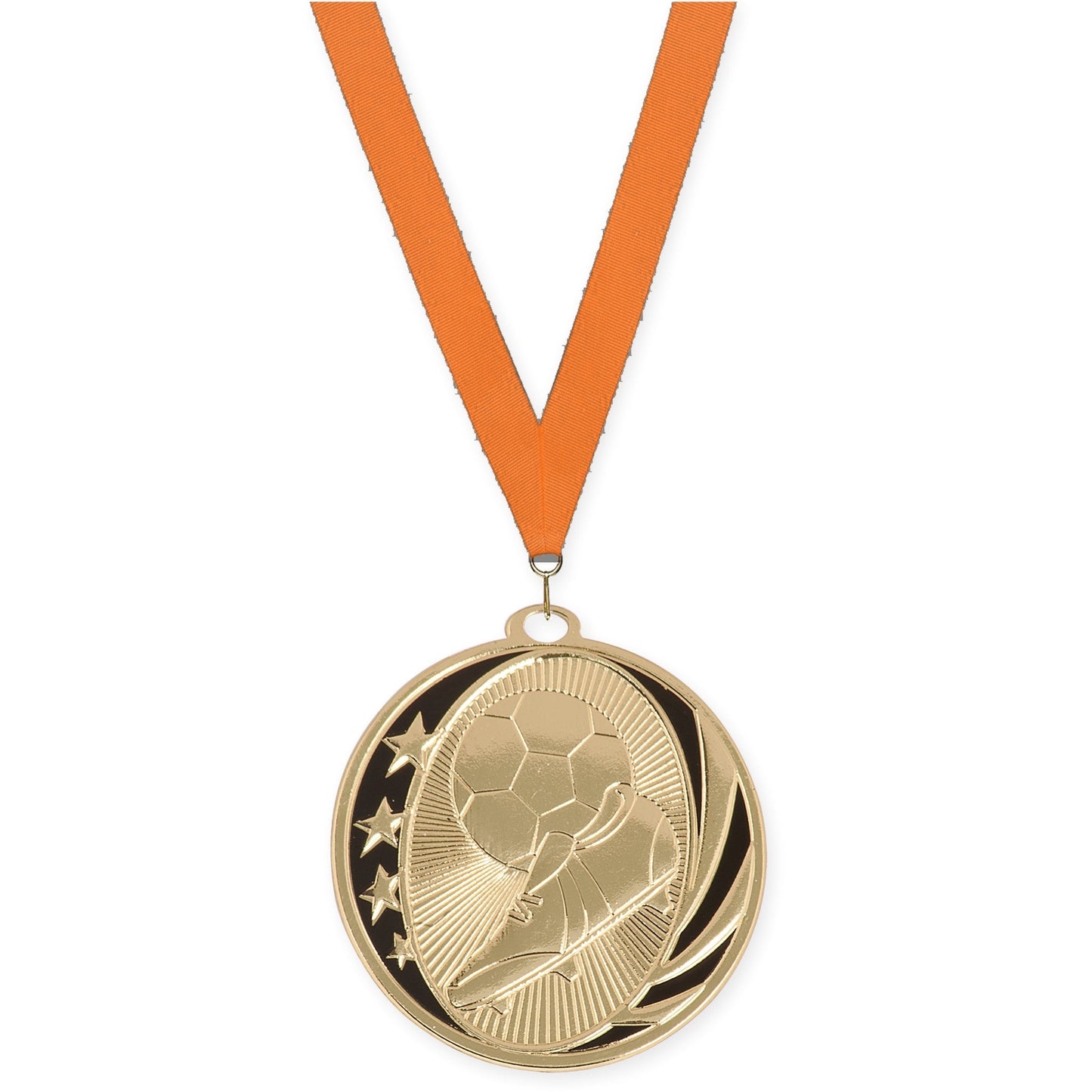 2 inch soccer MidNite Star medal in bright gold with Orange neck ribbon