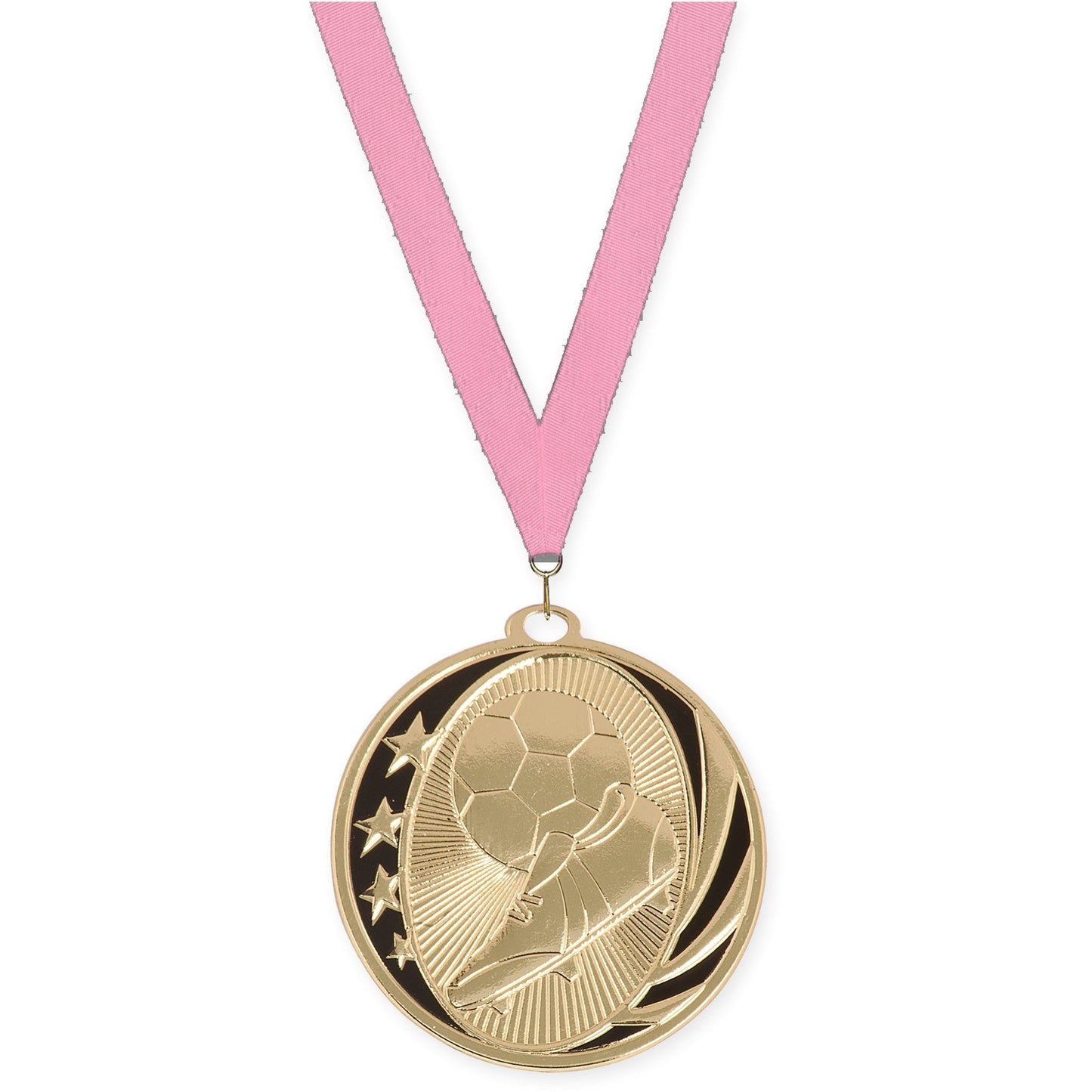 2 inch soccer MidNite Star medal in bright gold with Pink neck ribbon