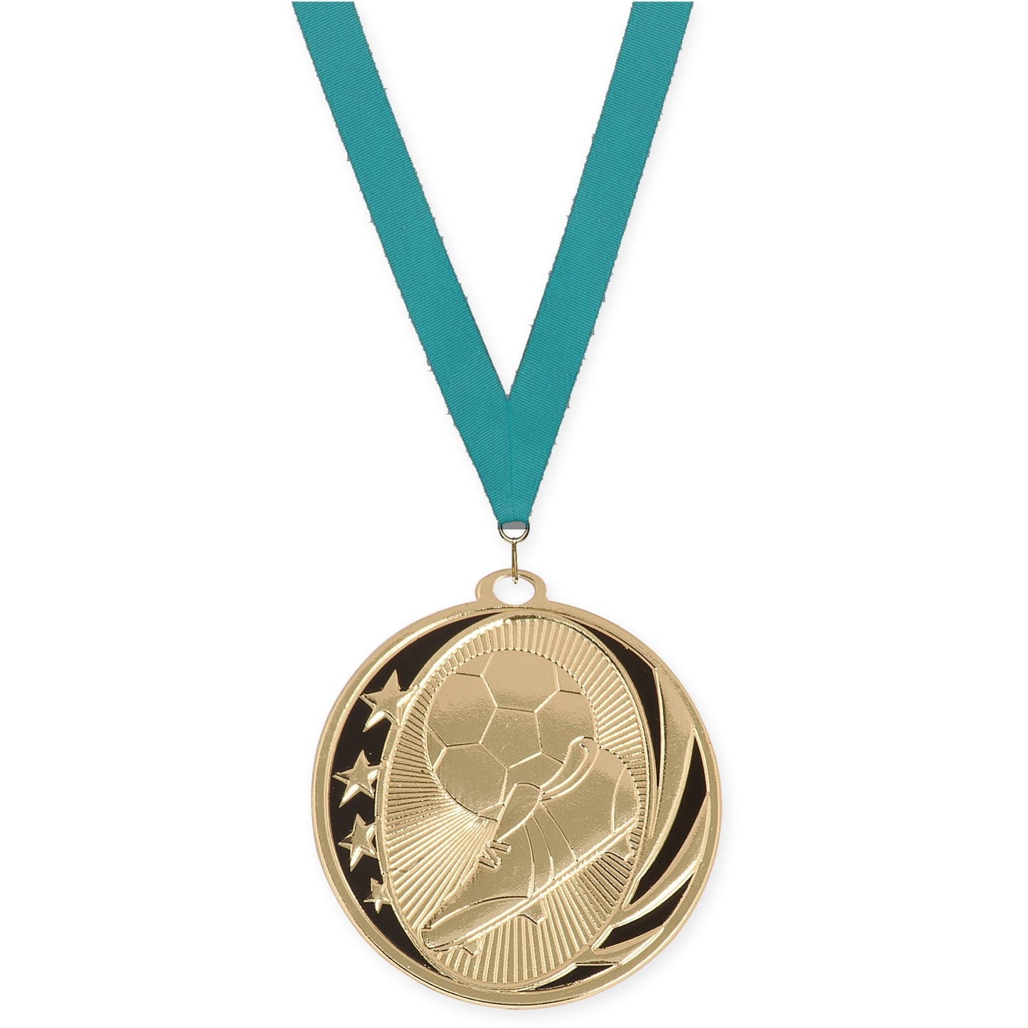 2 inch soccer MidNite Star medal in bright gold with Teal neck ribbon