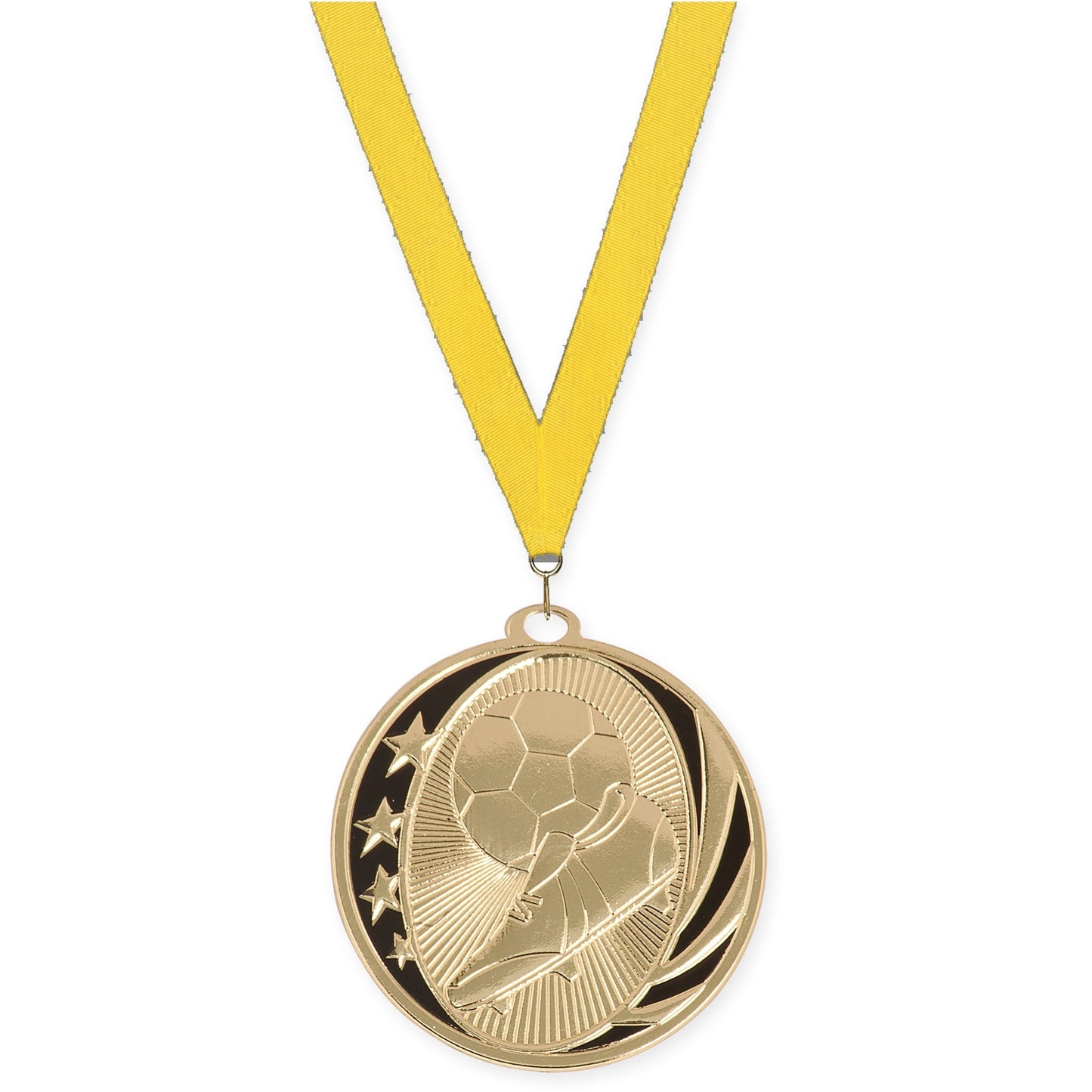 2 inch soccer MidNite Star medal in bright gold with Yellow neck ribbon