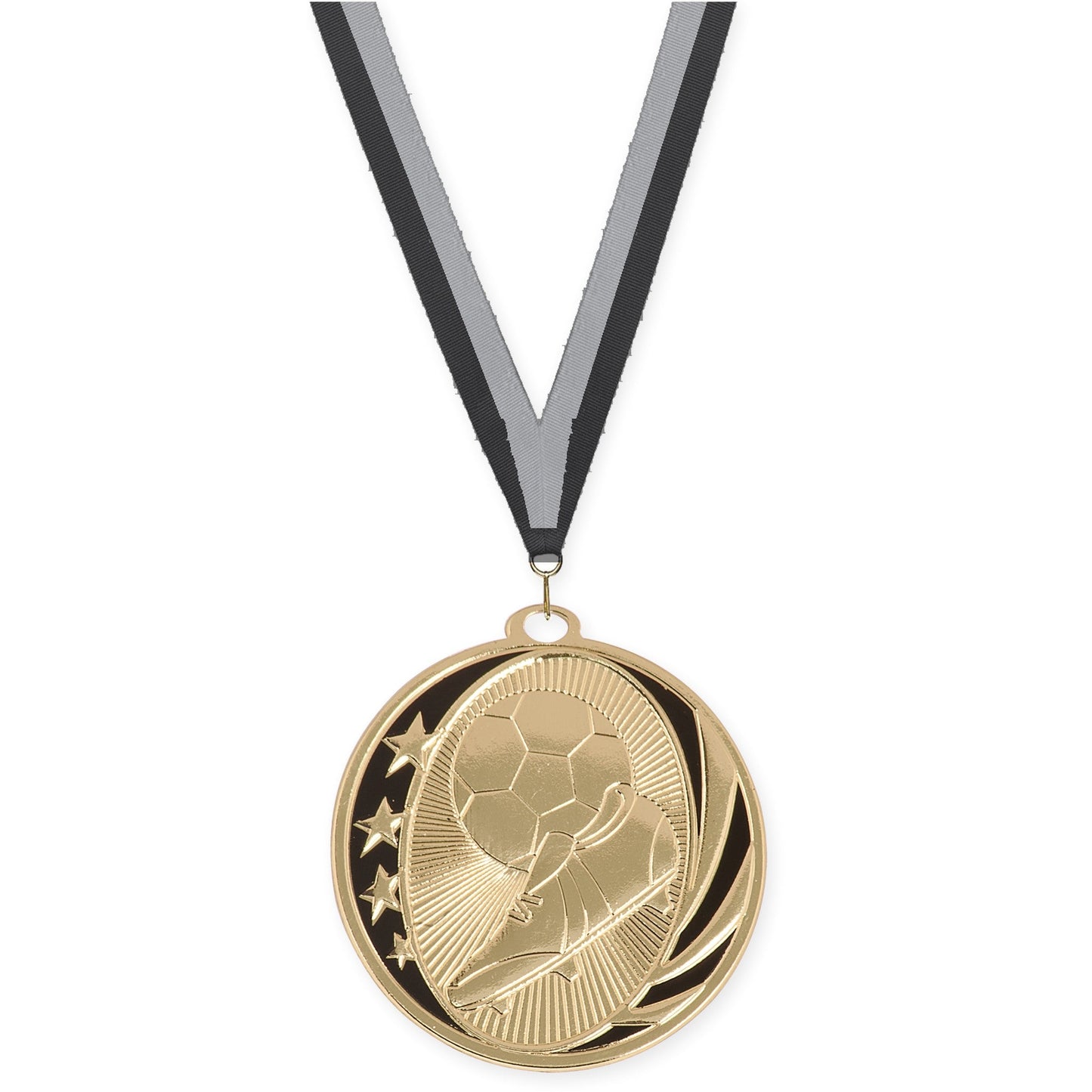 2 inch soccer MidNite Star medal in bright gold with Black Gray neck ribbon
