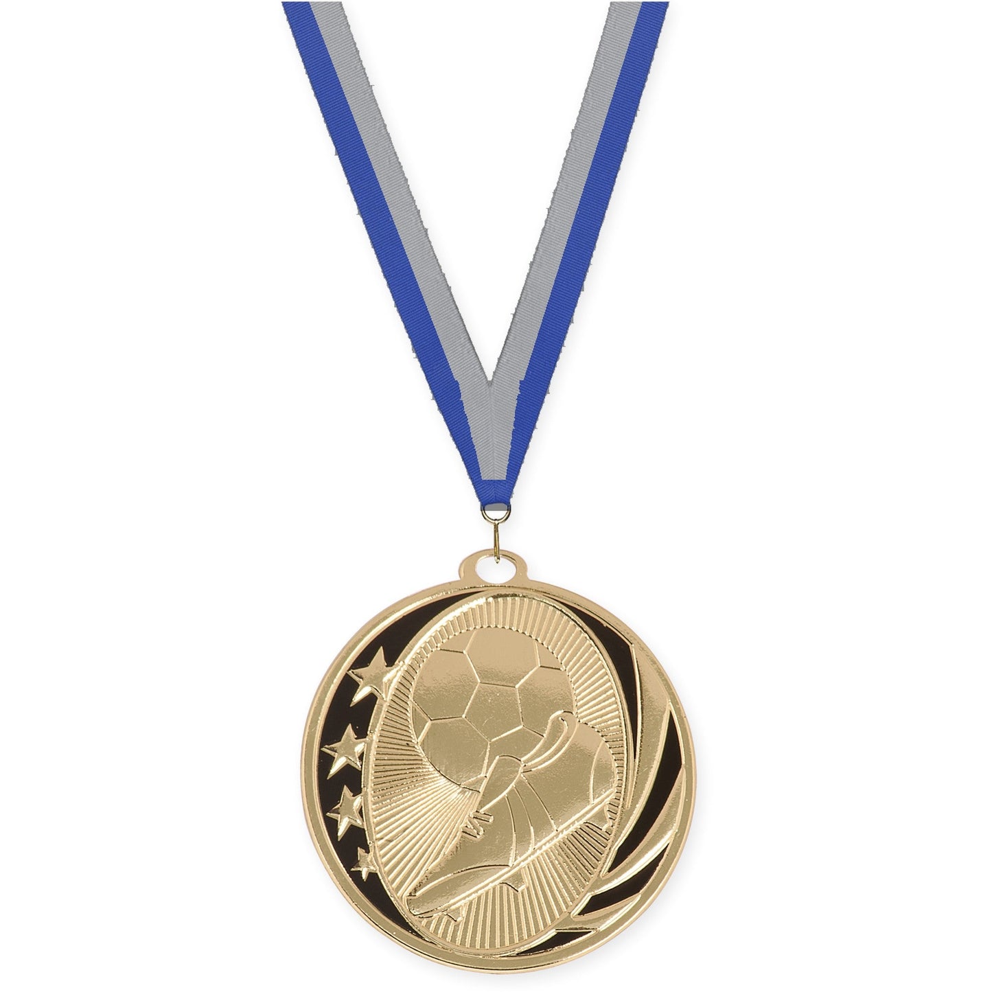 2 inch soccer MidNite Star medal in bright gold with Blue Gray neck ribbon