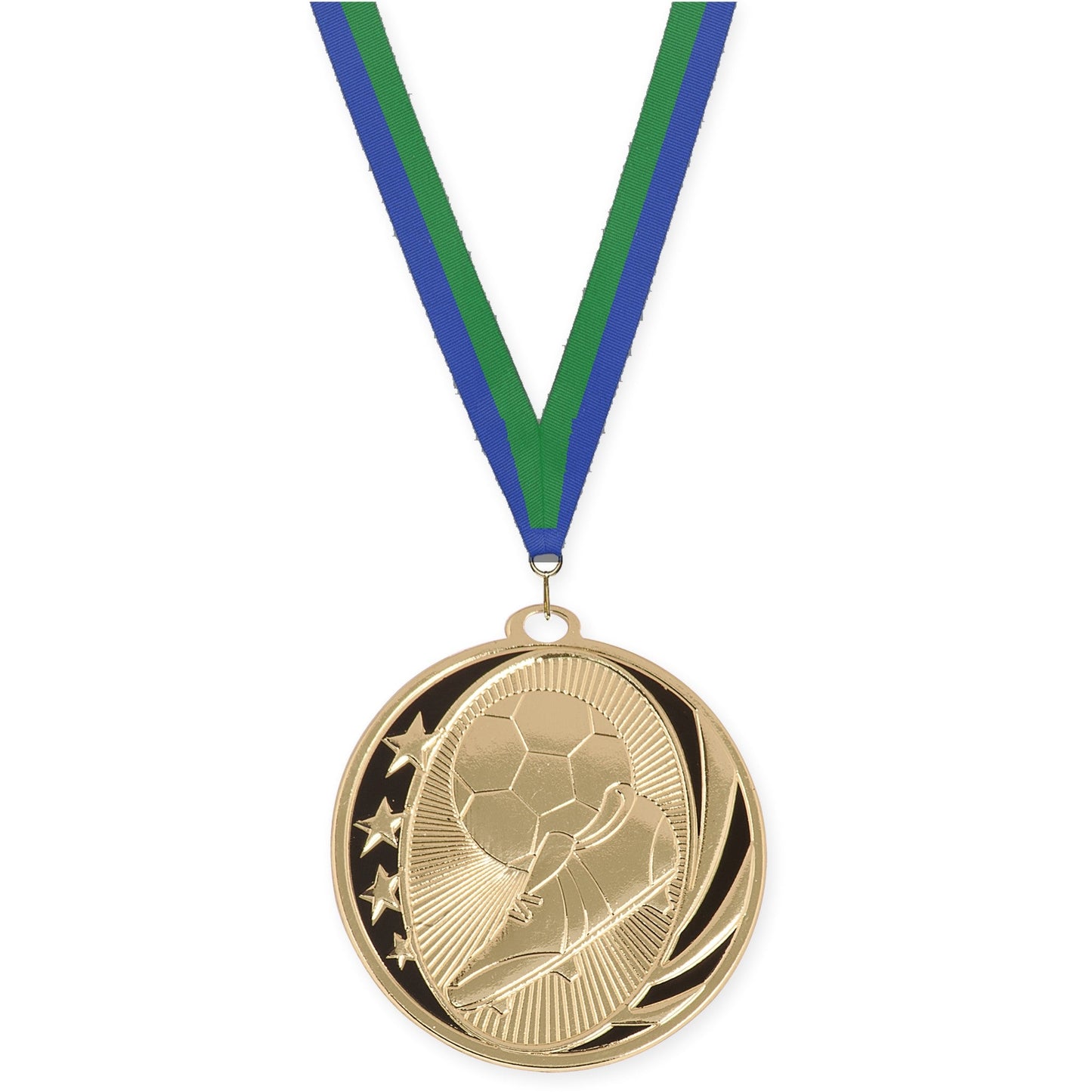 2 inch soccer MidNite Star medal in bright gold with Blue Green neck ribbon