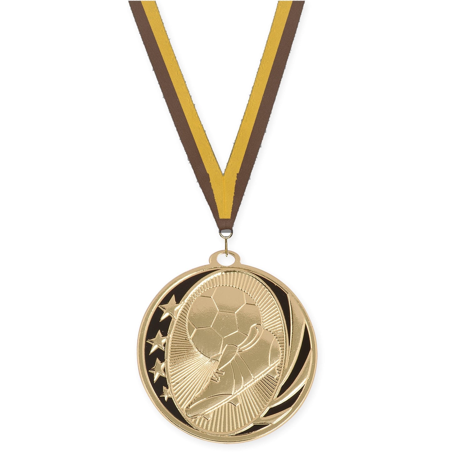2 inch soccer MidNite Star medal in bright gold with Brown Gold neck ribbon