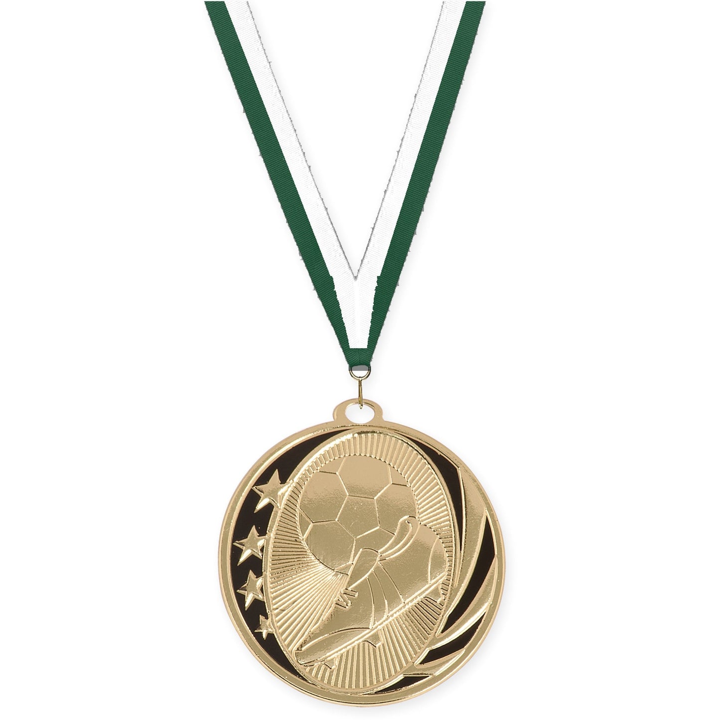 2 inch soccer MidNite Star medal in bright gold with Hunter Green White neck ribbon