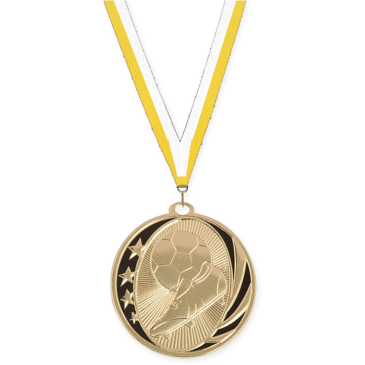 2 inch soccer MidNite Star medal in bright gold with Yellow White neck ribbon