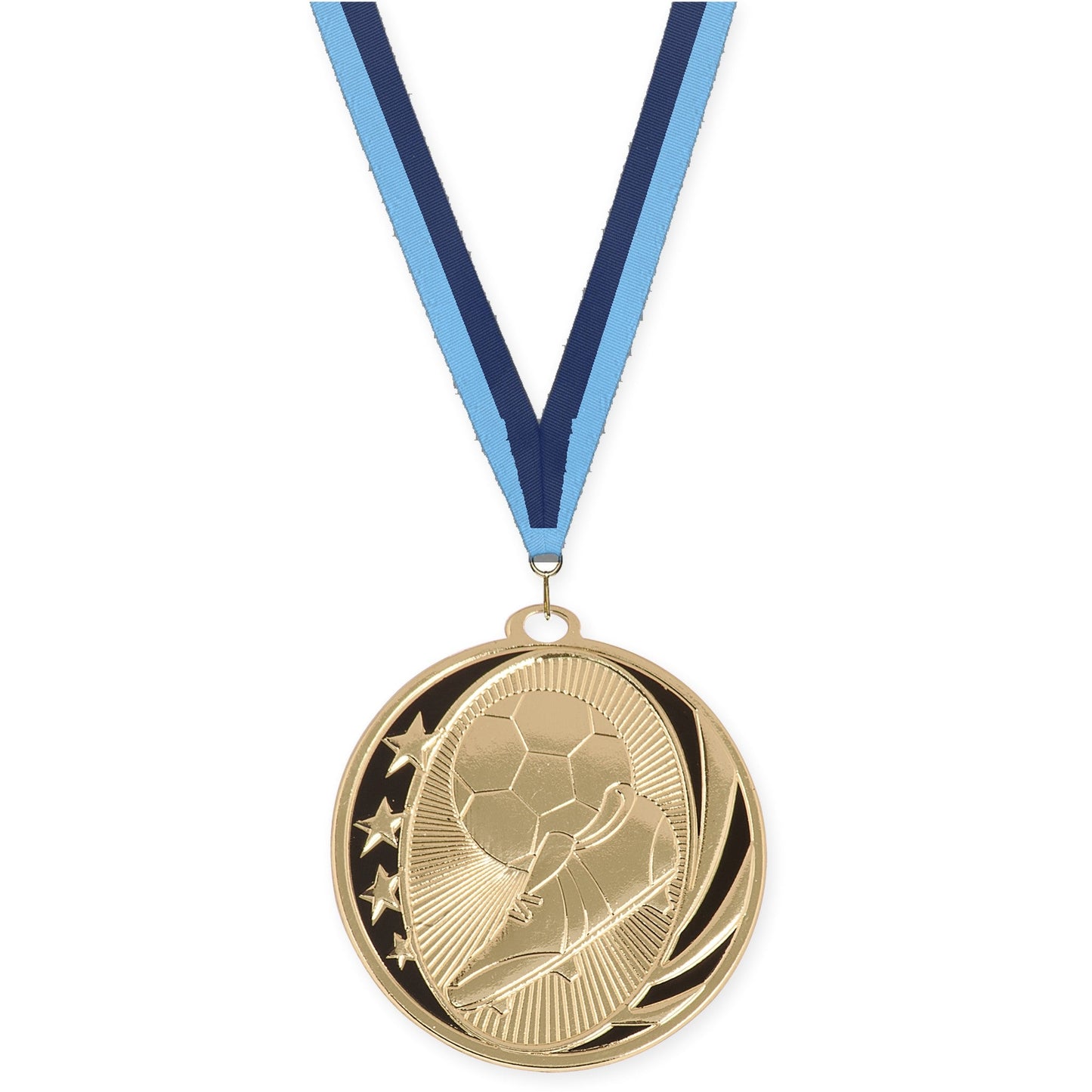 2 inch soccer MidNite Star medal in bright gold with Light Blue Navy neck ribbon