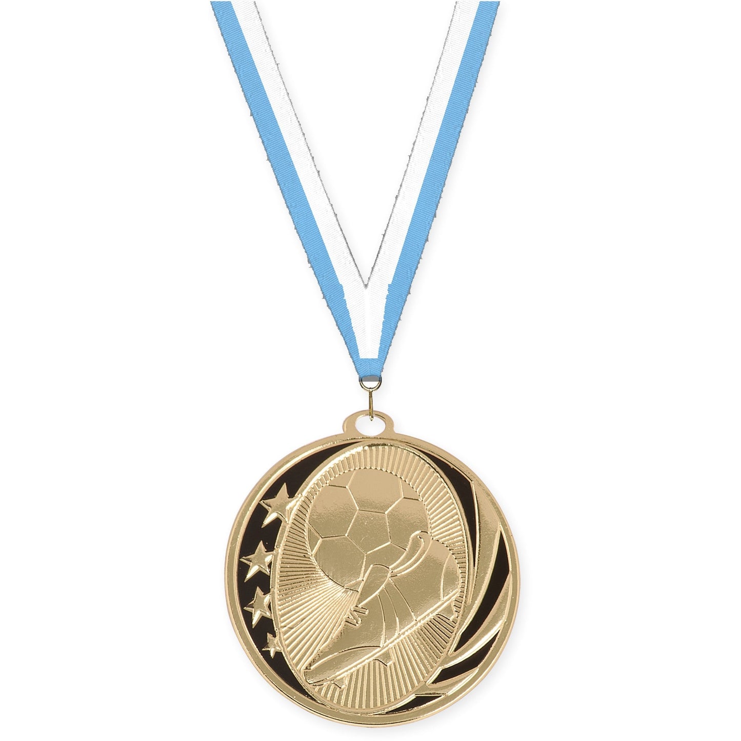 2 inch soccer MidNite Star medal in bright gold with Light Blue White neck ribbon