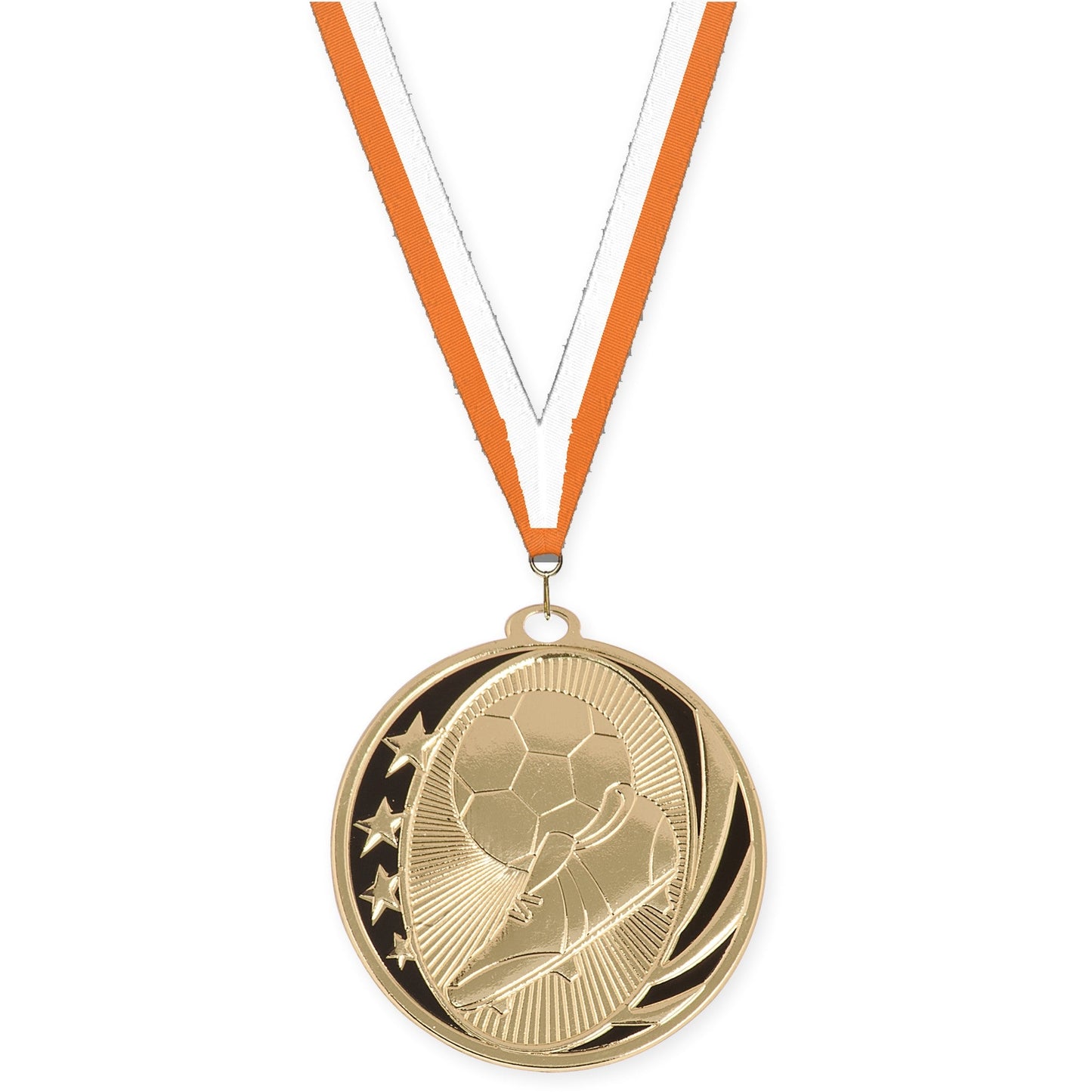 2 inch soccer MidNite Star medal in bright gold with Orange White neck ribbon