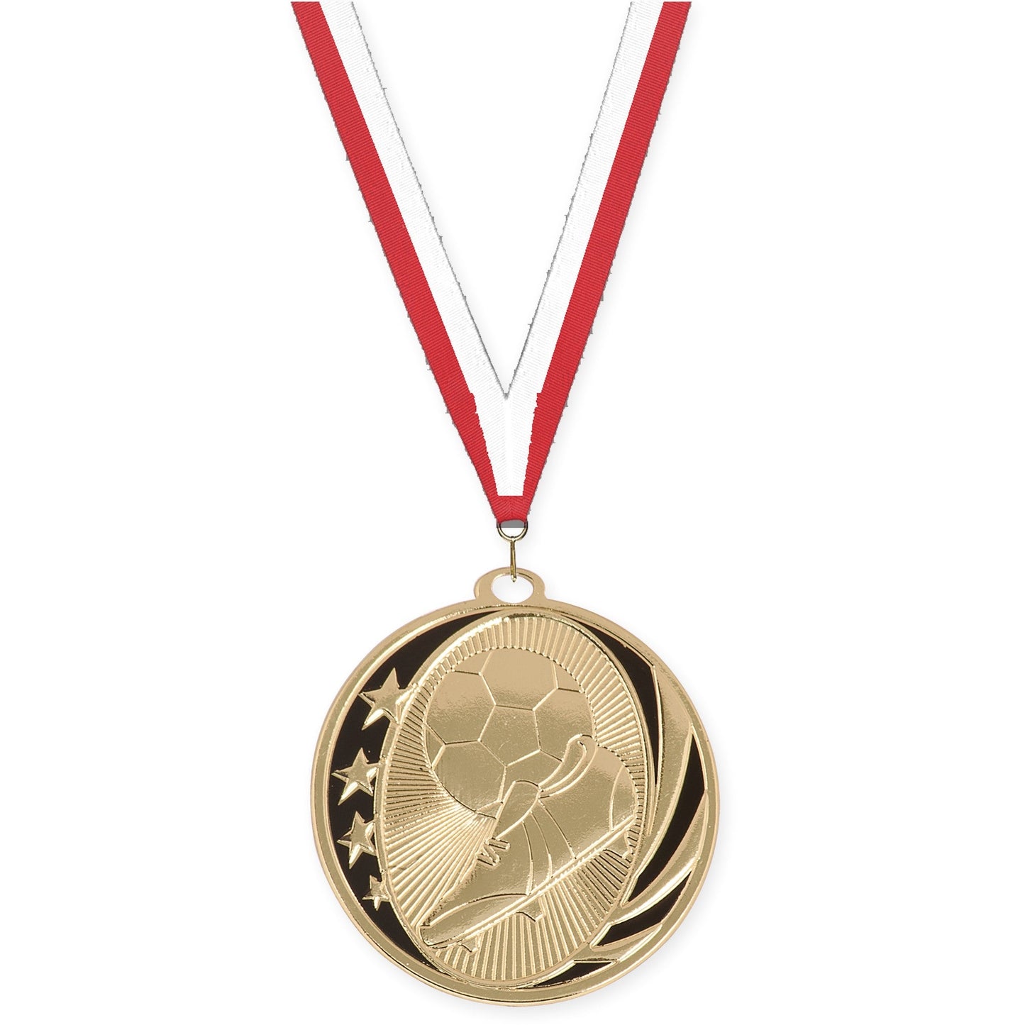 2 inch soccer MidNite Star medal in bright gold with Red White neck ribbon