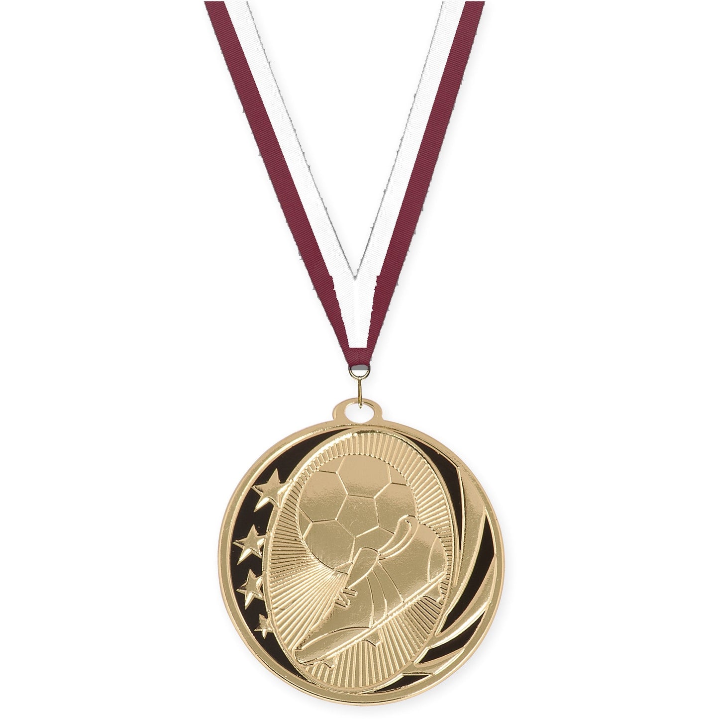 2 inch soccer MidNite Star medal in bright gold with Maroon White neck ribbon