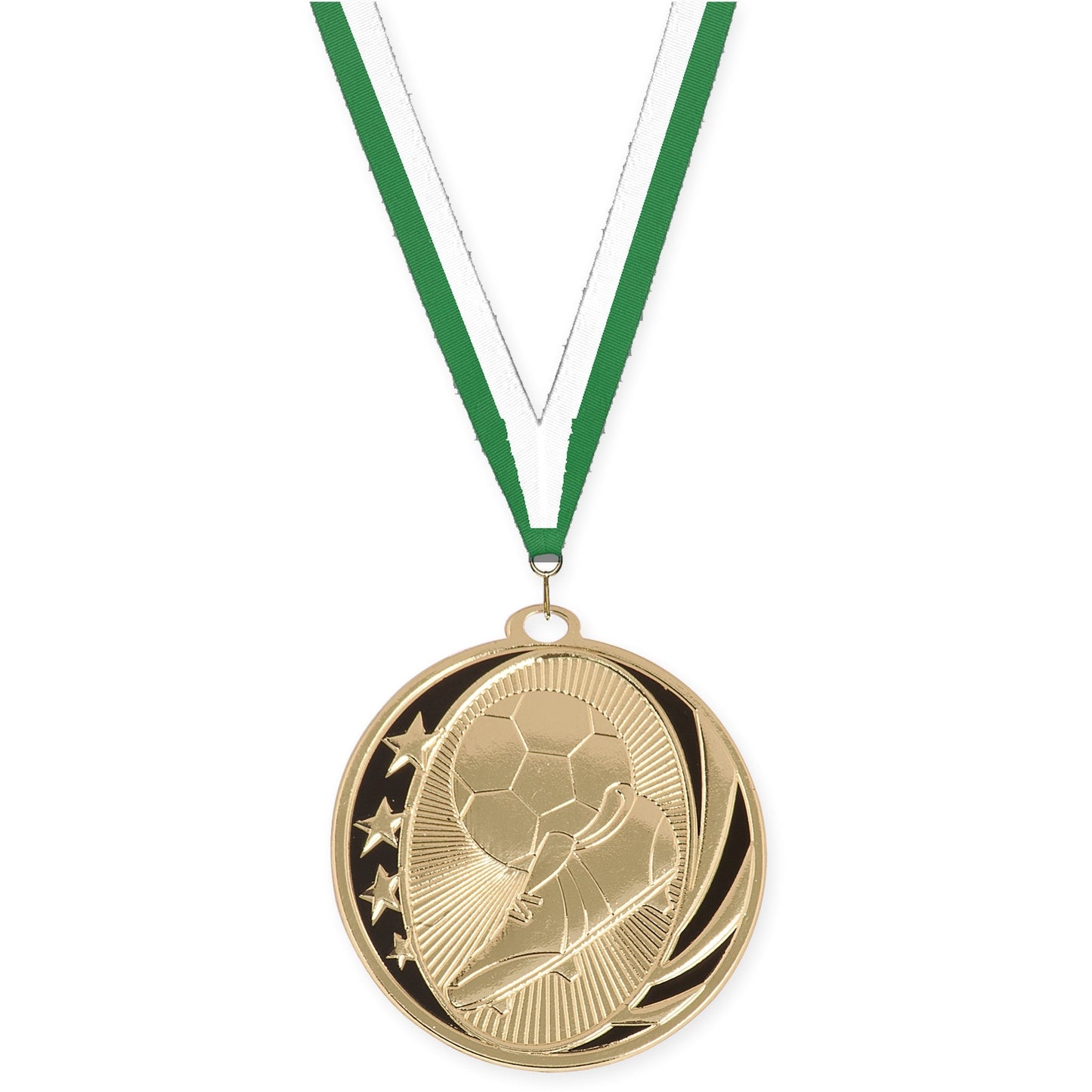2 inch soccer MidNite Star medal in bright gold with Green White neck ribbon
