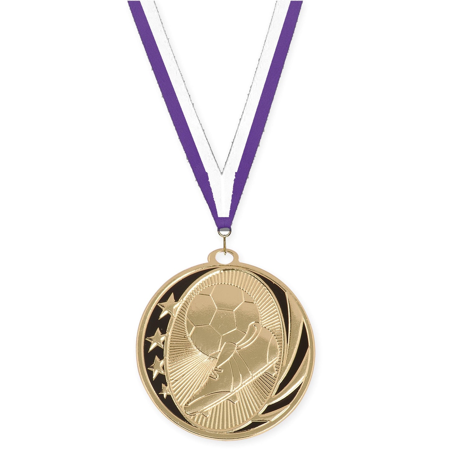 2 inch soccer MidNite Star medal in bright gold with Purple White neck ribbon