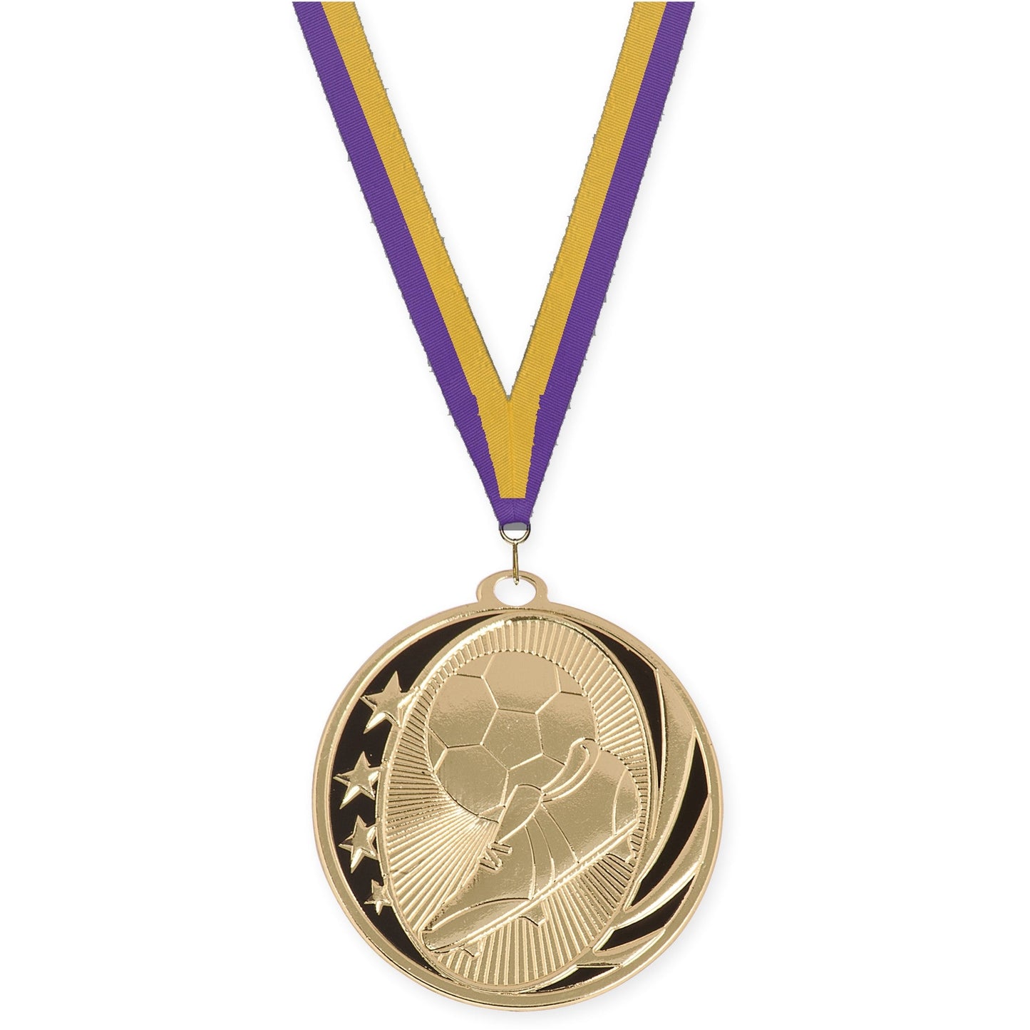 2 inch soccer MidNite Star medal in bright gold with Purple Gold neck ribbon