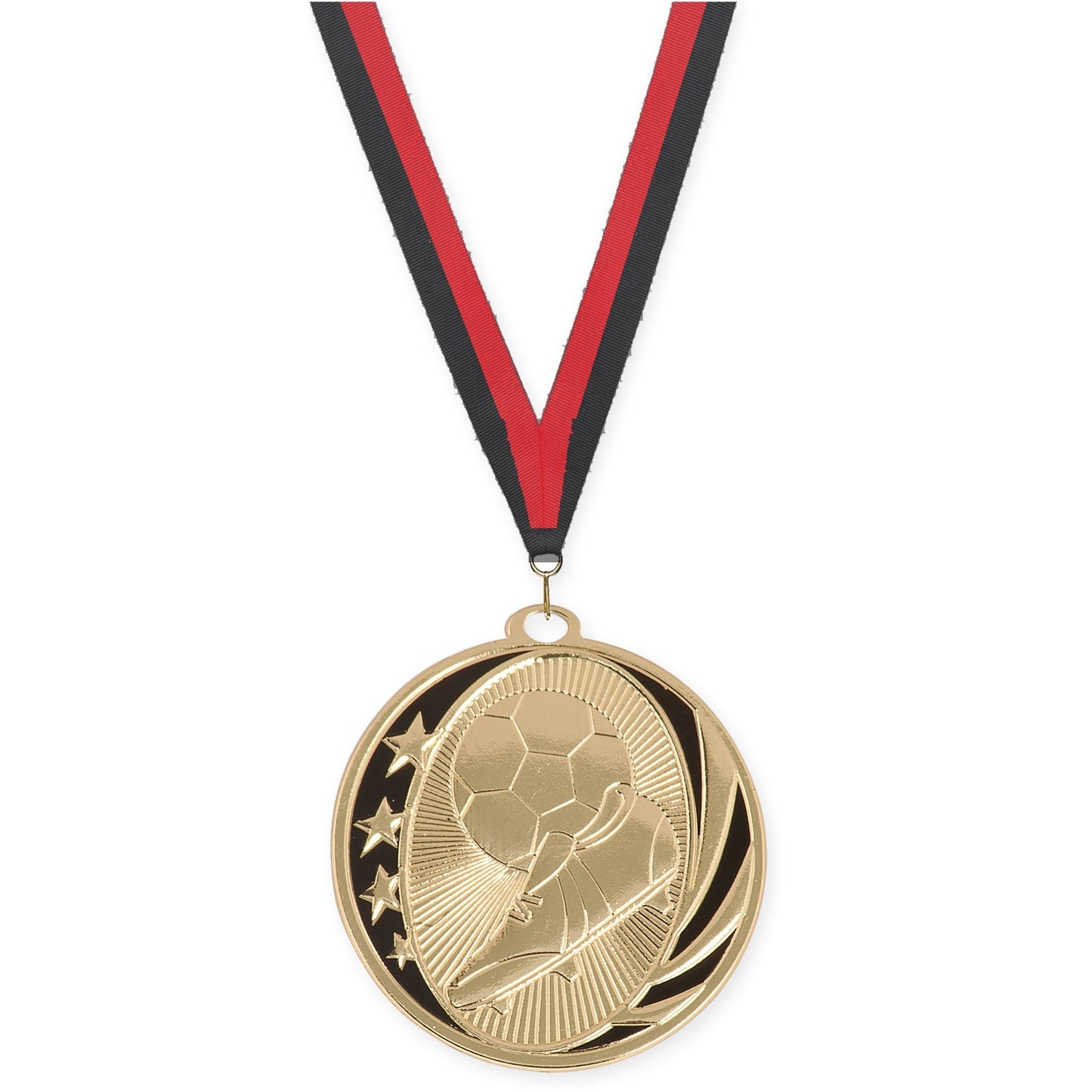 2 inch soccer MidNite Star medal in bright gold with Black Red neck ribbon