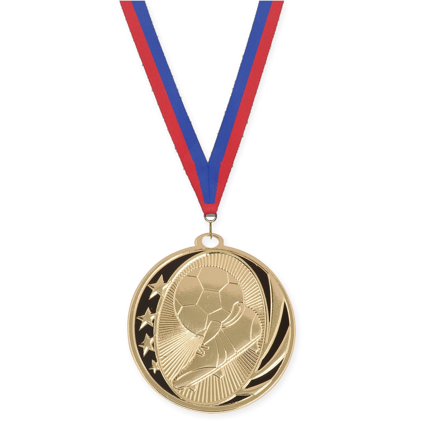2 inch soccer MidNite Star medal in bright gold with Blue Red neck ribbon