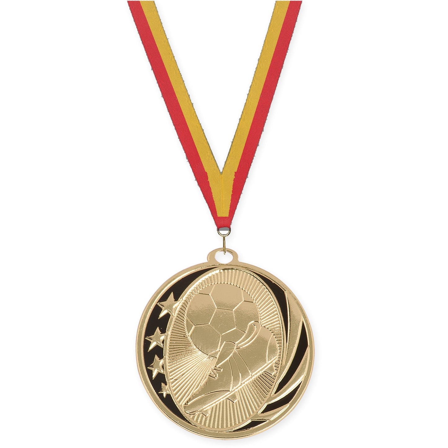 2 inch soccer MidNite Star medal in bright gold with Red Gold neck ribbon