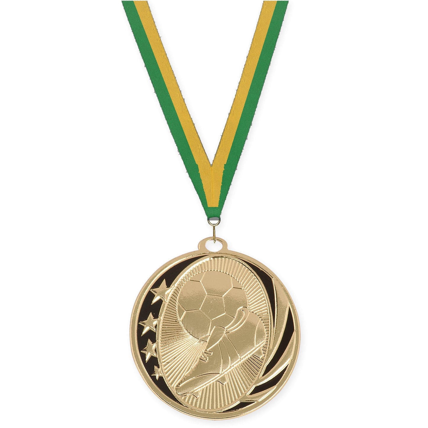 2 inch soccer MidNite Star medal in bright gold with Green Gold neck ribbon