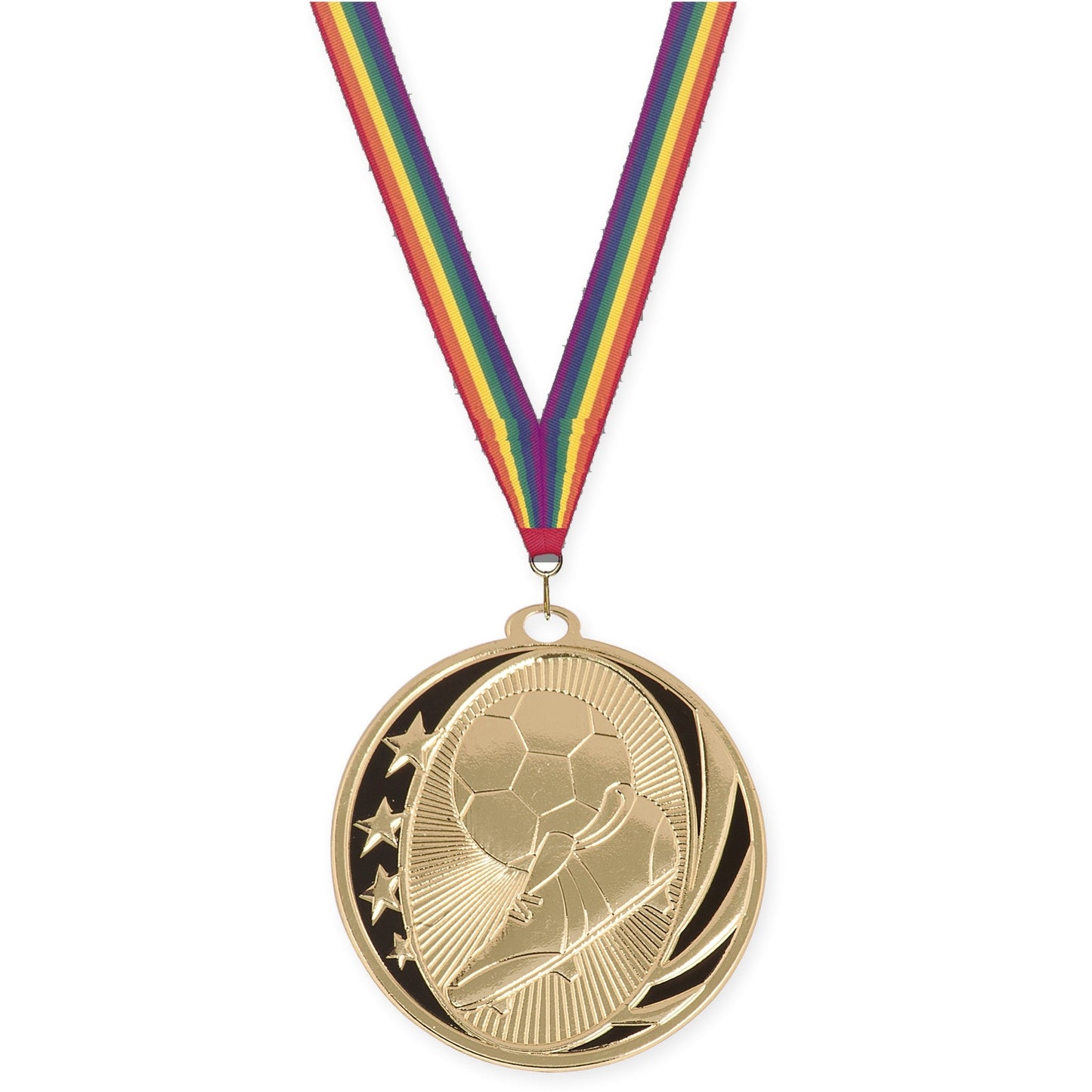 2 inch soccer MidNite Star medal in bright gold with Rainbow neck ribbon