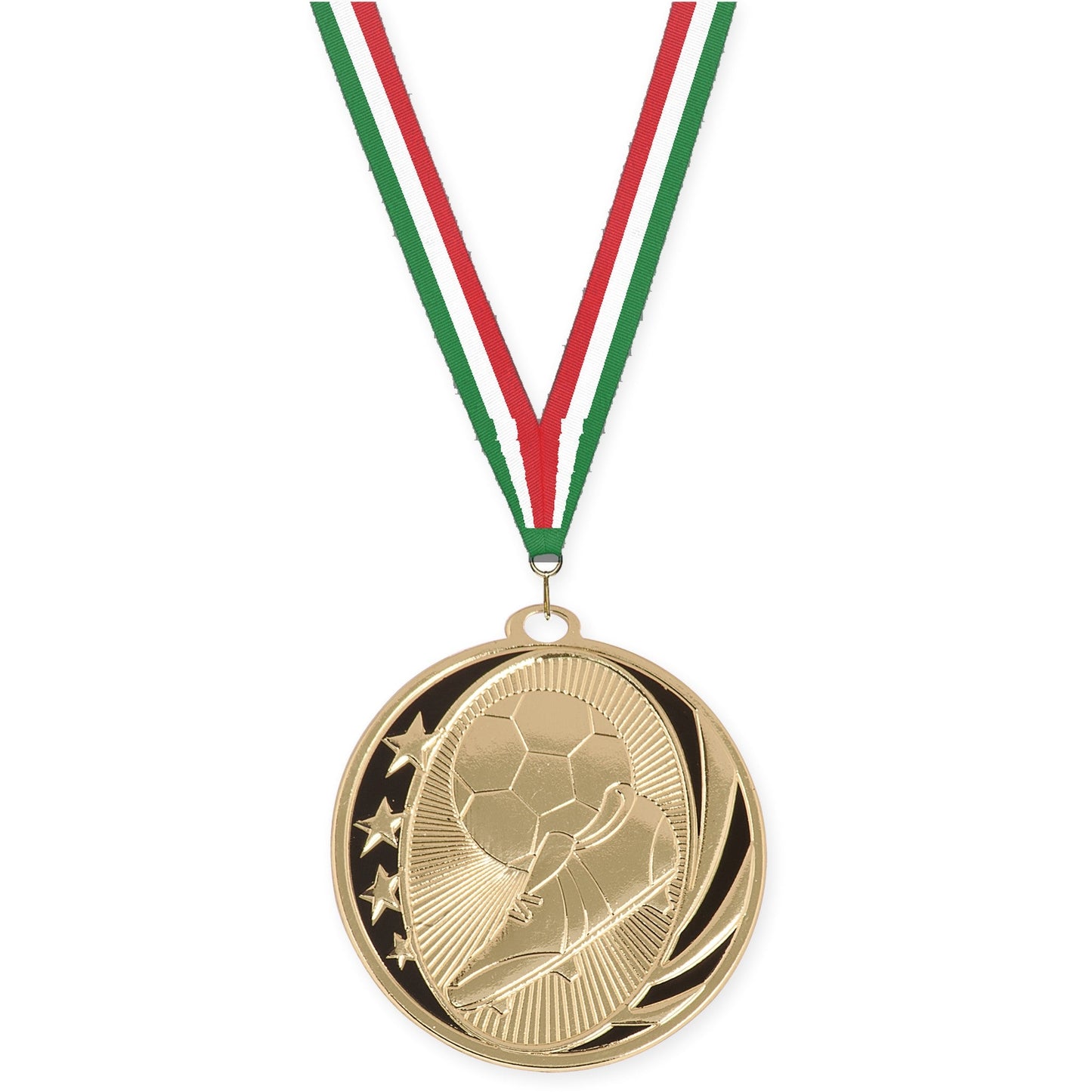 2 inch soccer MidNite Star medal in bright gold with Green White Red neck ribbon