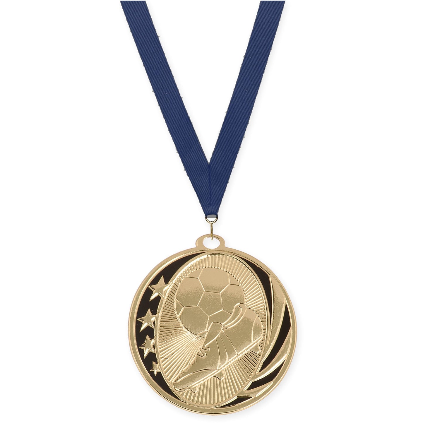 2 inch soccer MidNite Star medal in bright gold with Navy neck ribbon