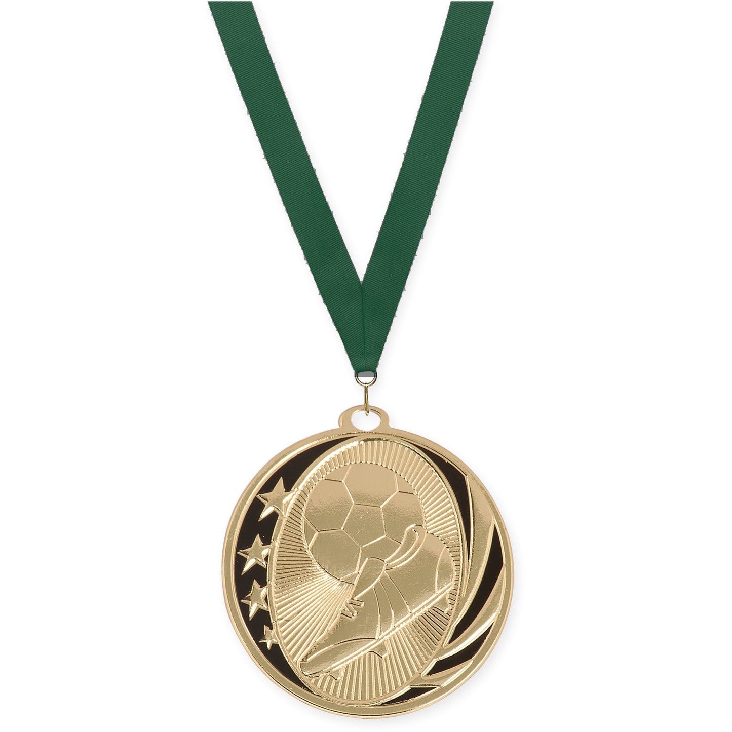 2 inch soccer MidNite Star medal in bright gold with Hunter Green neck ribbon