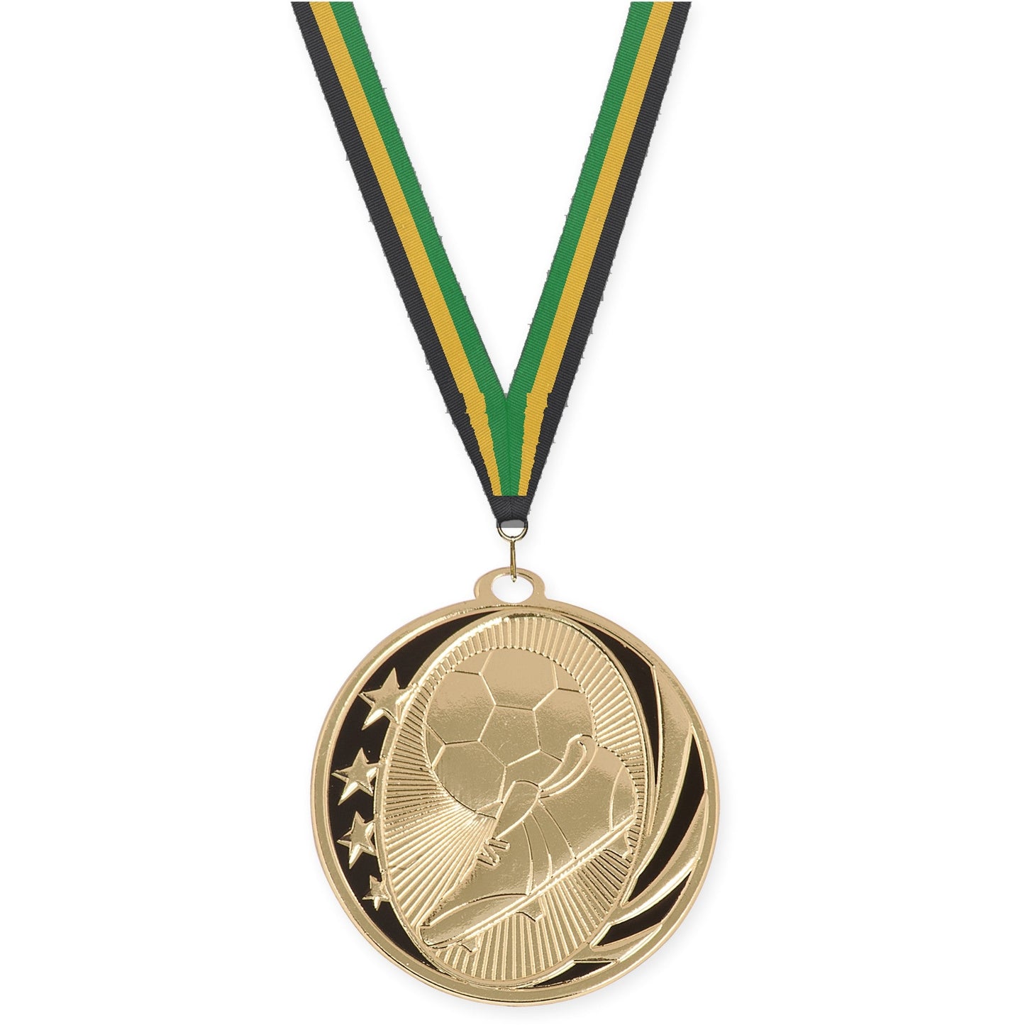 2 inch soccer MidNite Star medal in bright gold with Black Gold Green neck ribbon