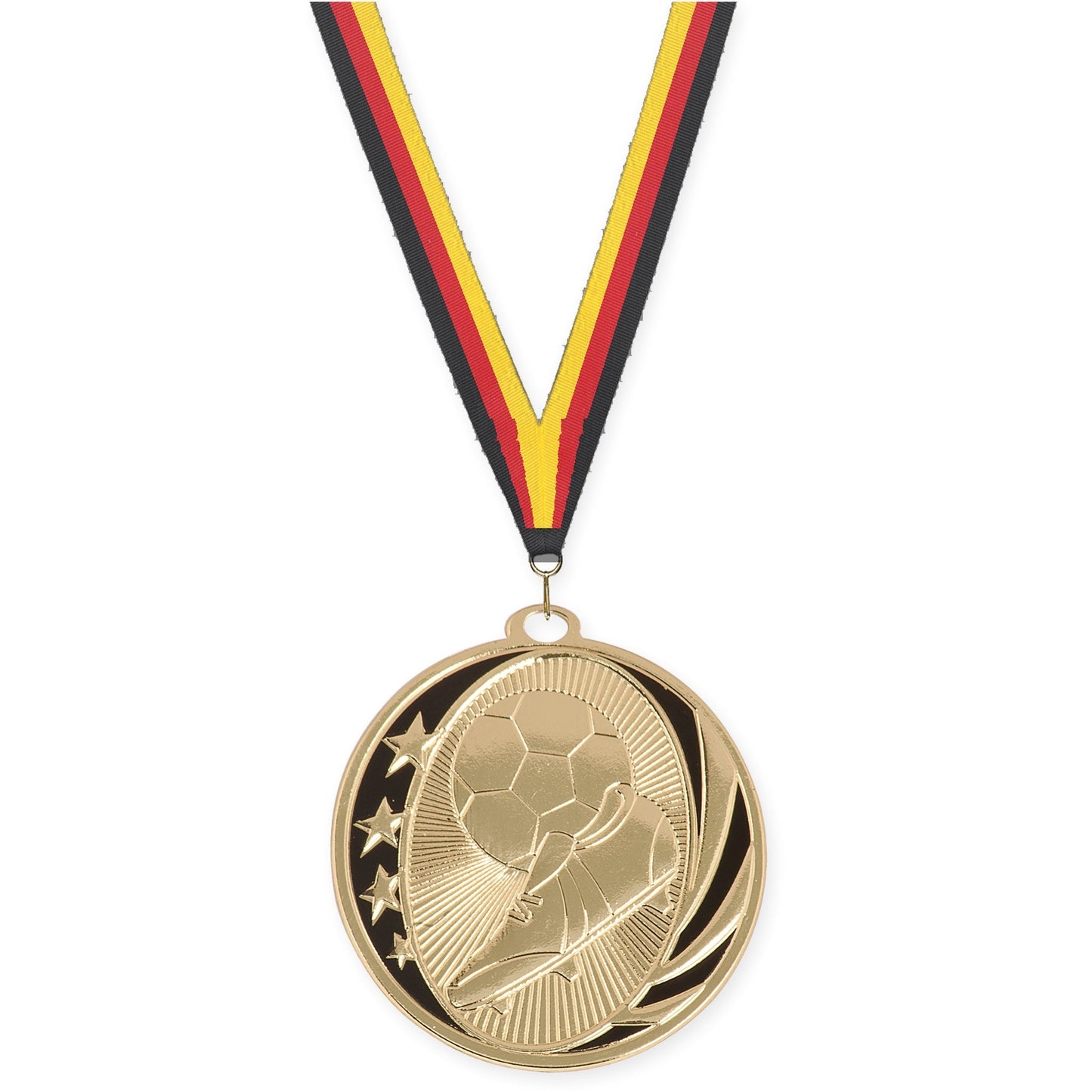 2 inch soccer MidNite Star medal in bright gold with Black Red Yellow neck ribbon