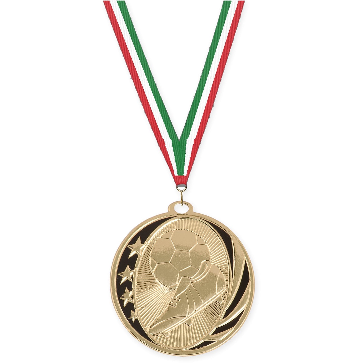 2 inch soccer MidNite Star medal in bright gold with Red White Green neck ribbon