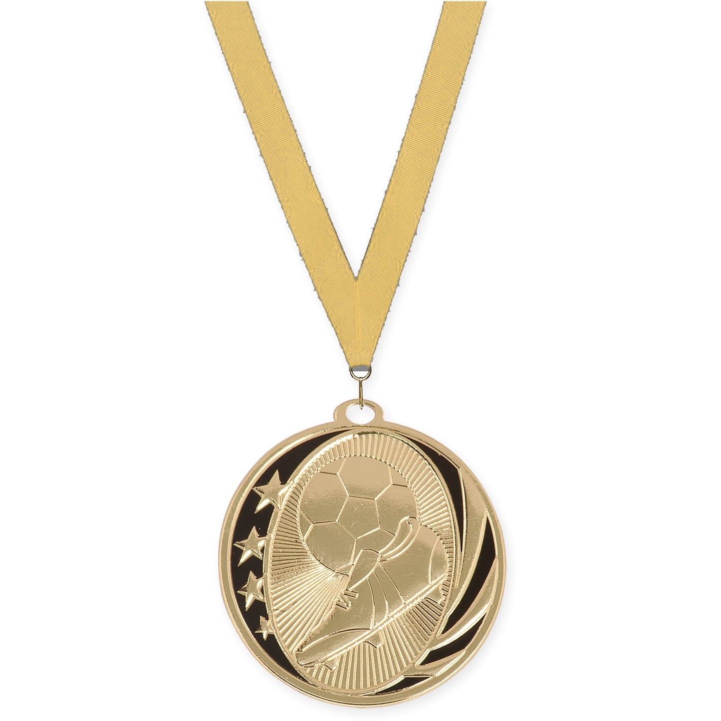 2 inch soccer MidNite Star medal in bright gold with Gold Metallic neck ribbon